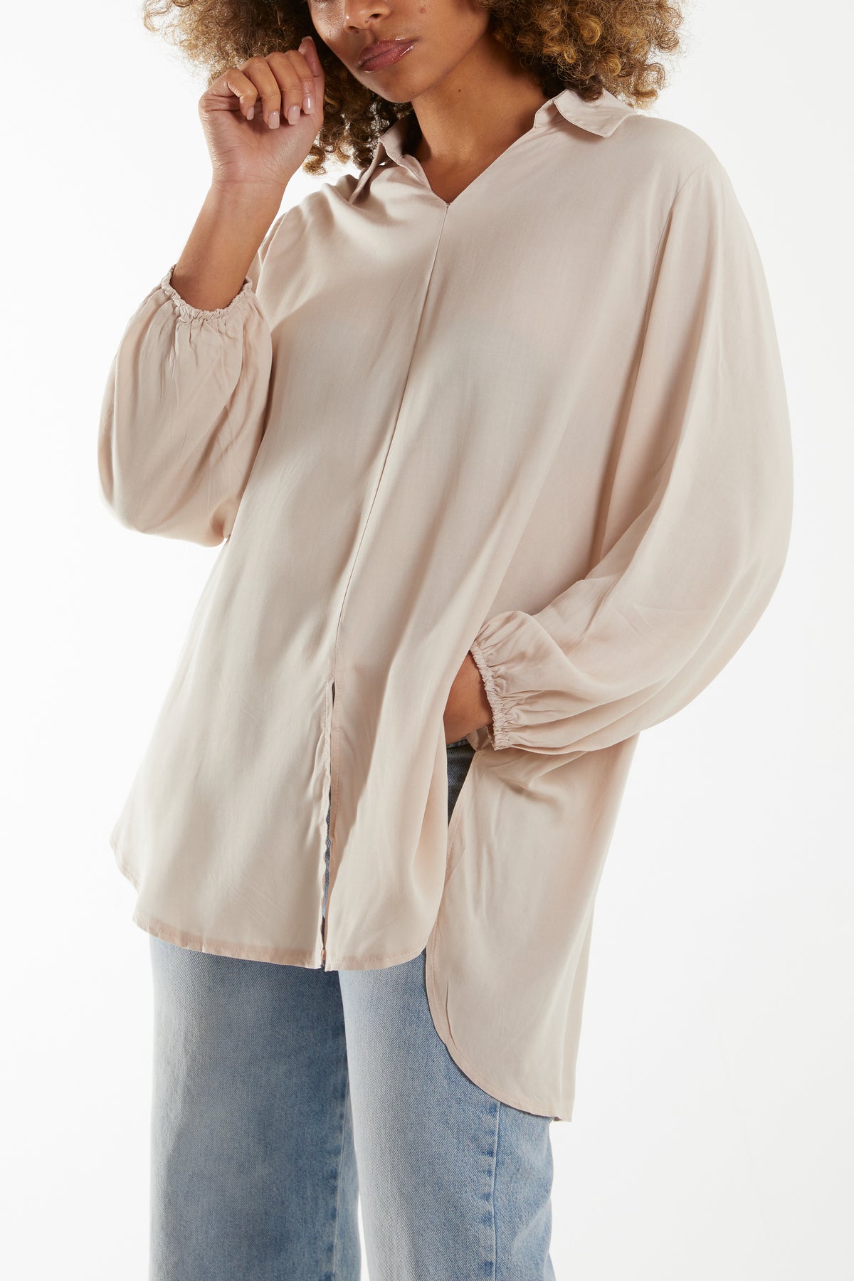 Open Collar Dip Hem Blouse