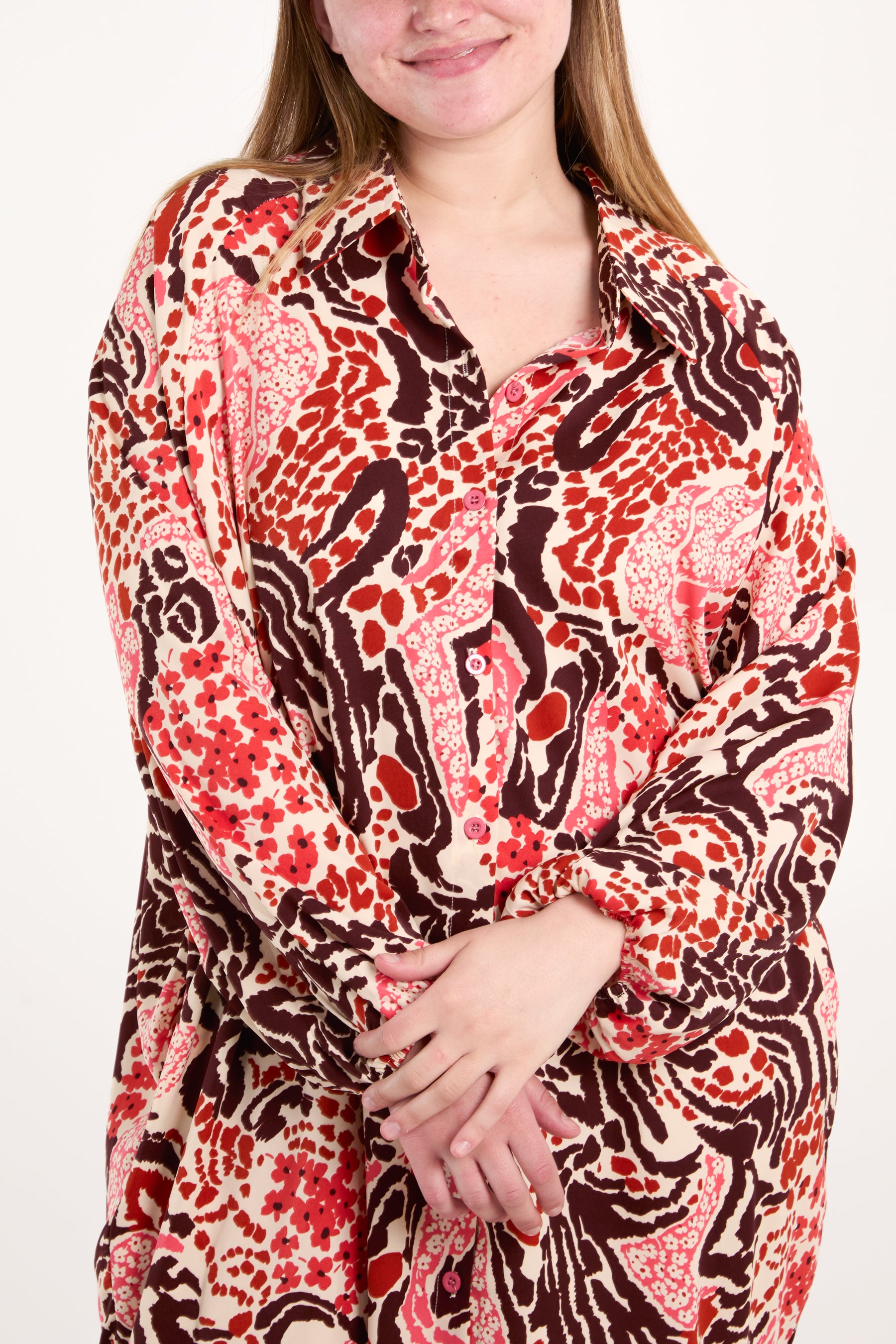 Abstract Floral Print Button Oversized Dress