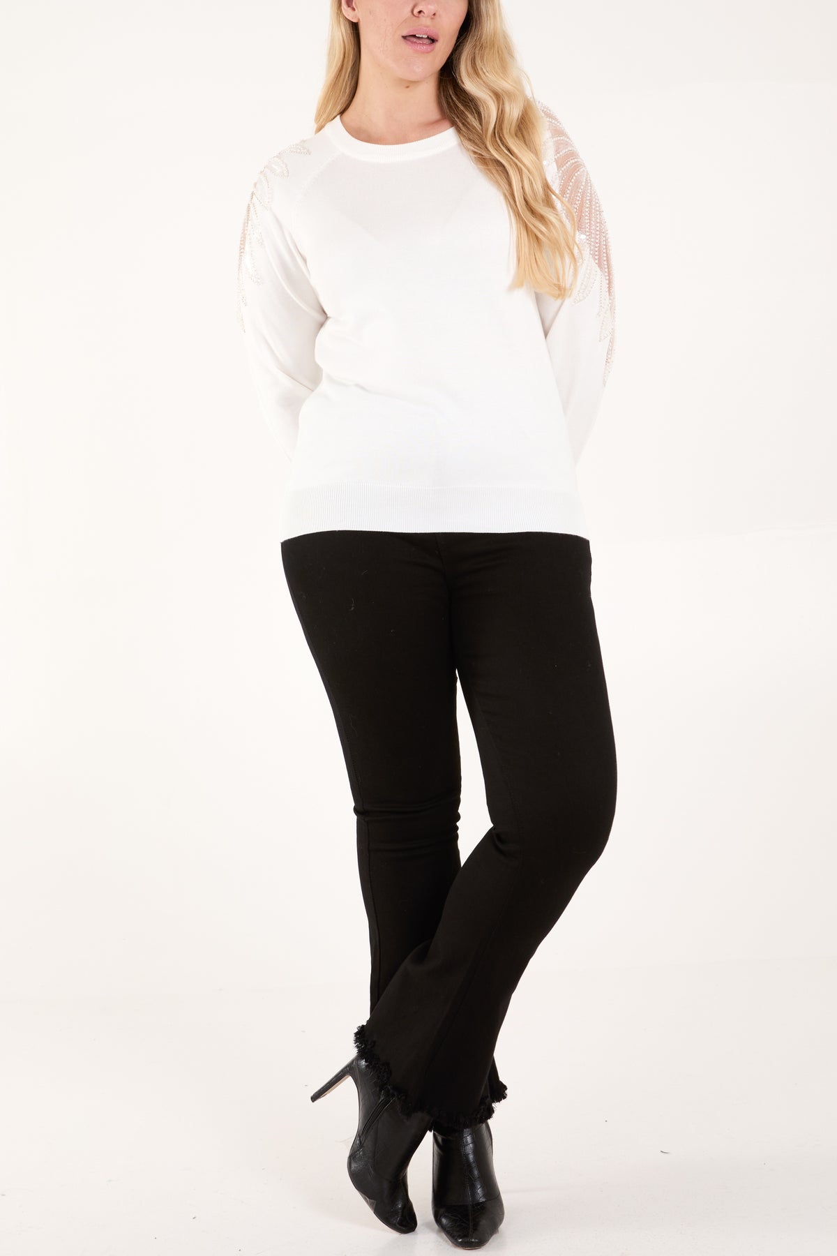 Embellished Leaf Mesh Sleeve Jumper