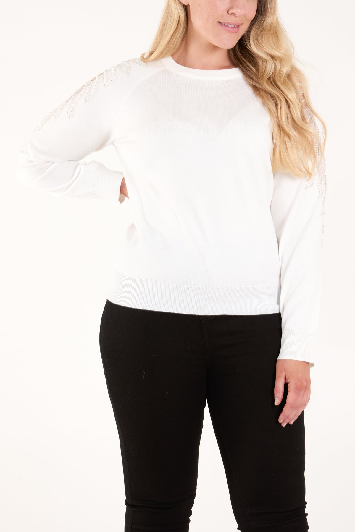 Embellished Leaf Mesh Sleeve Jumper