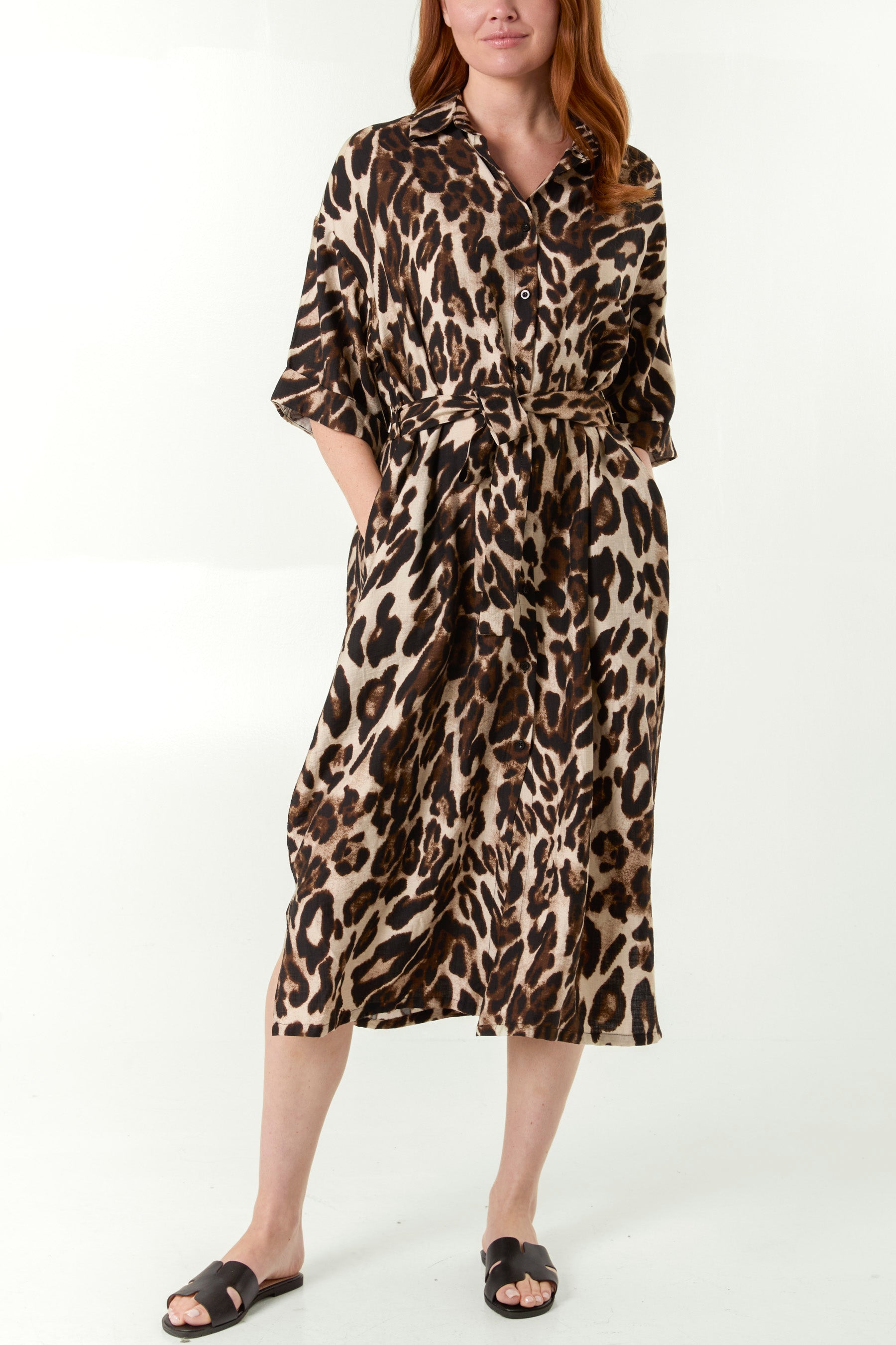 Leopard Print Tie Front Midi Dress