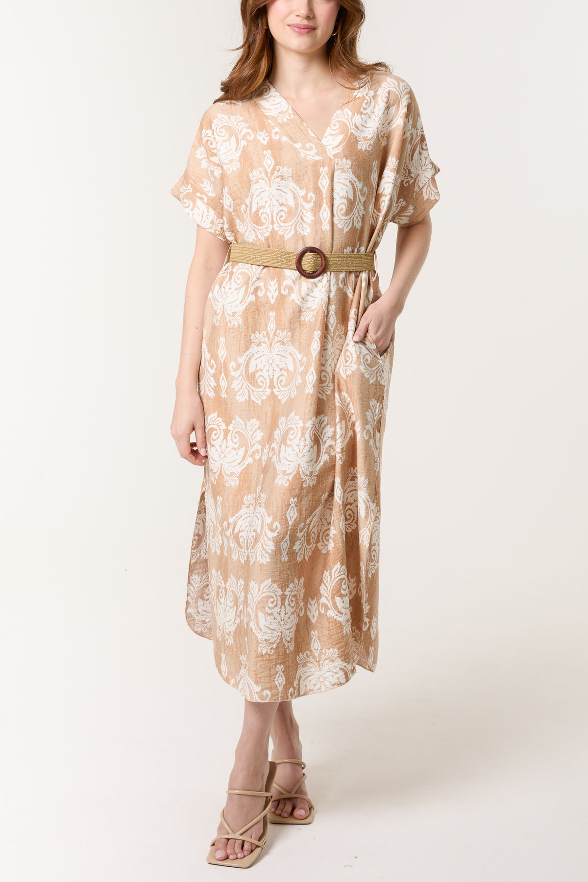 Damask Print Relaxed Dress w/ Belt