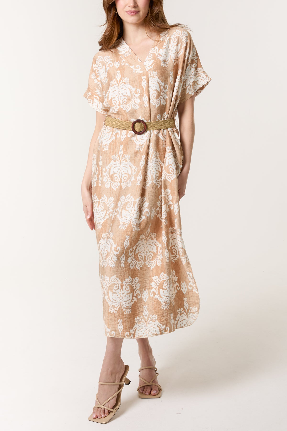 Damask Print Relaxed Dress w/ Belt