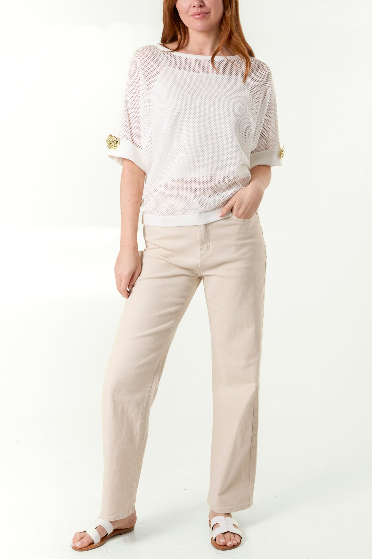 Gold Flower Button Sleeve Mesh Top