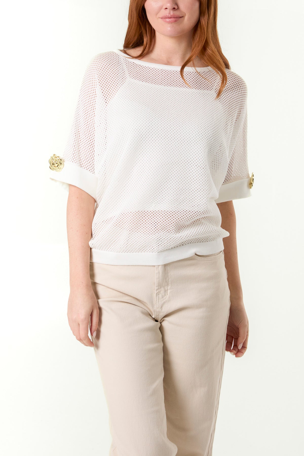 Gold Flower Button Sleeve Mesh Top