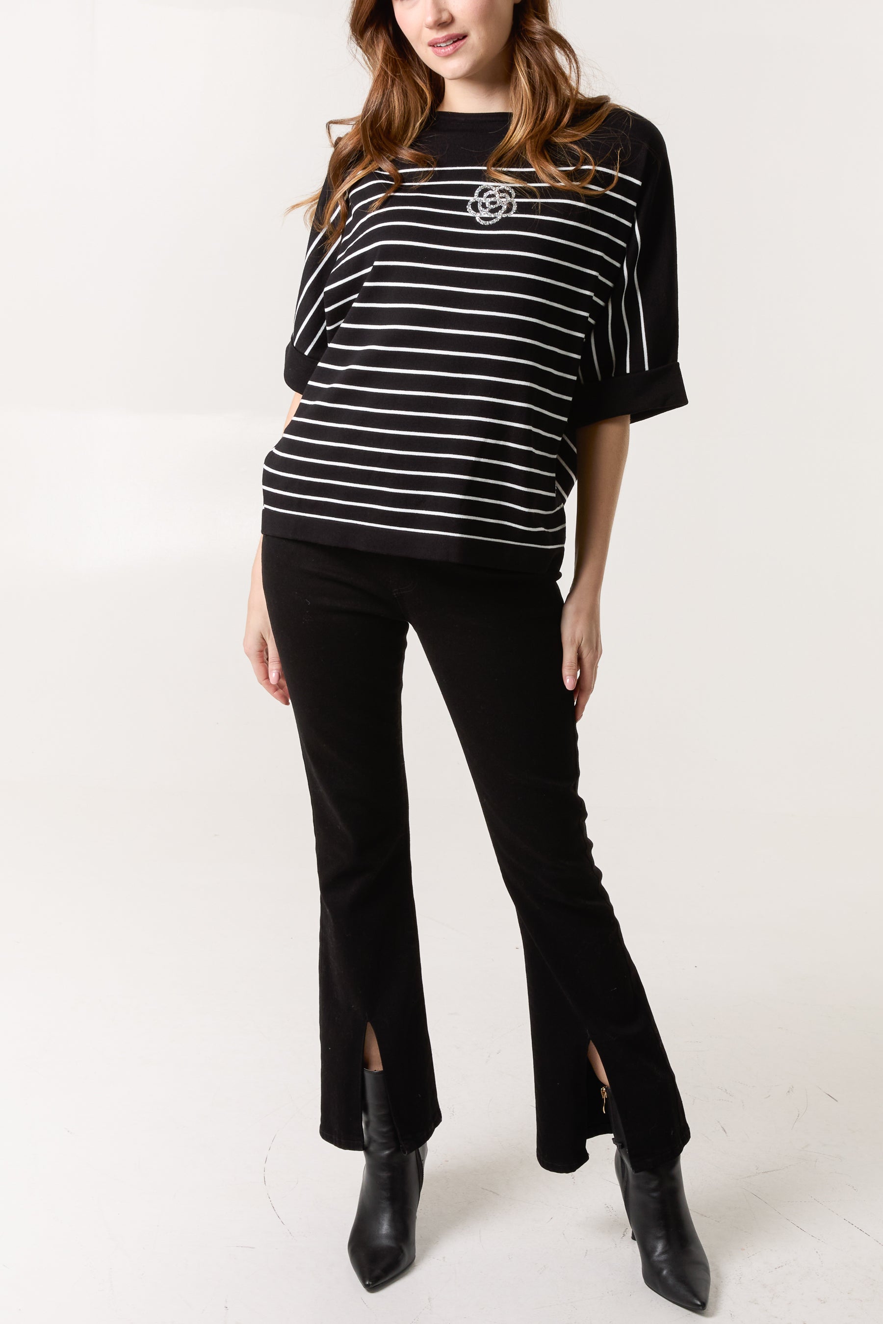 Glitter Flower Horizontal Striped Top