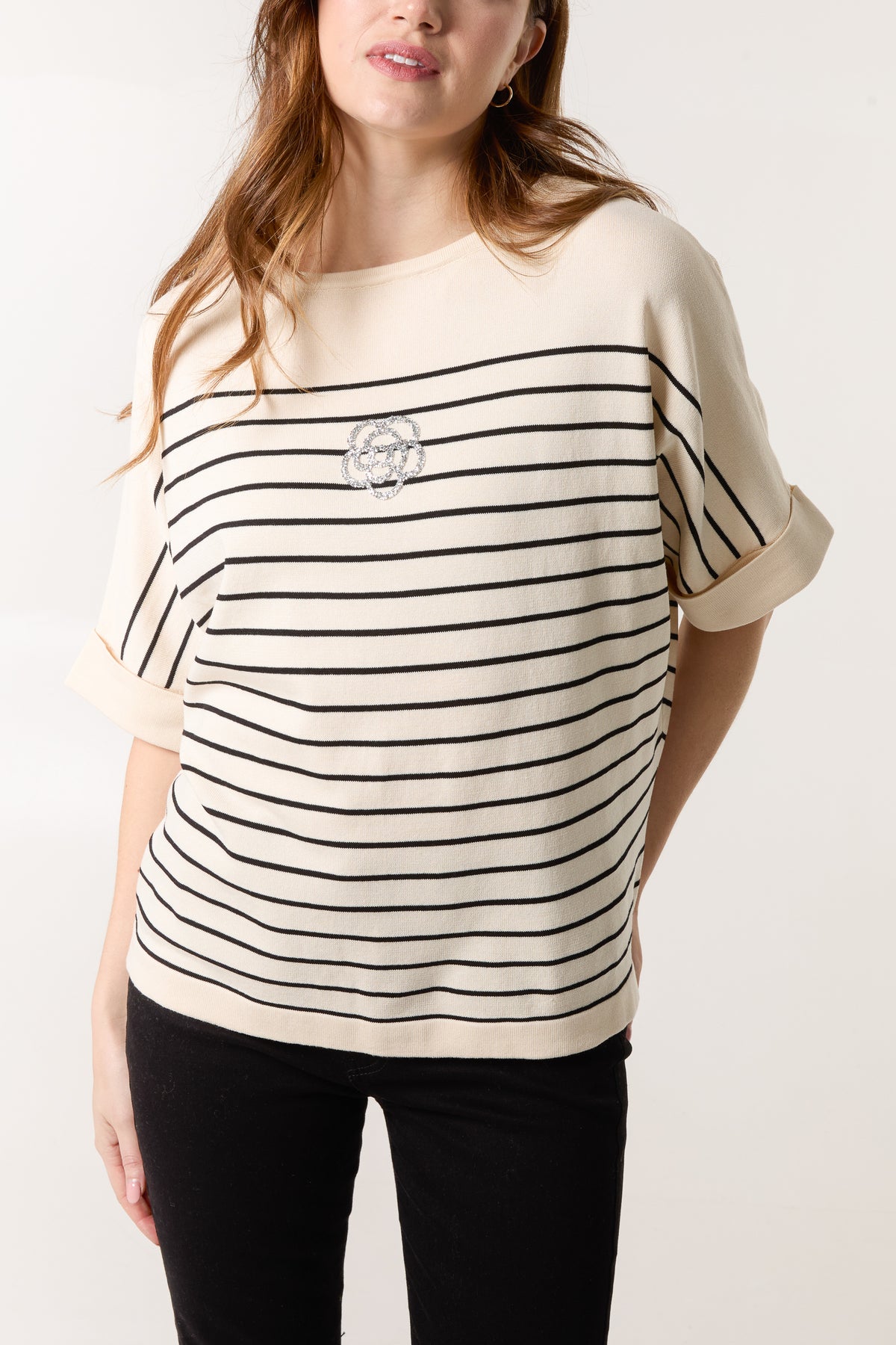 Glitter Flower Horizontal Striped Top
