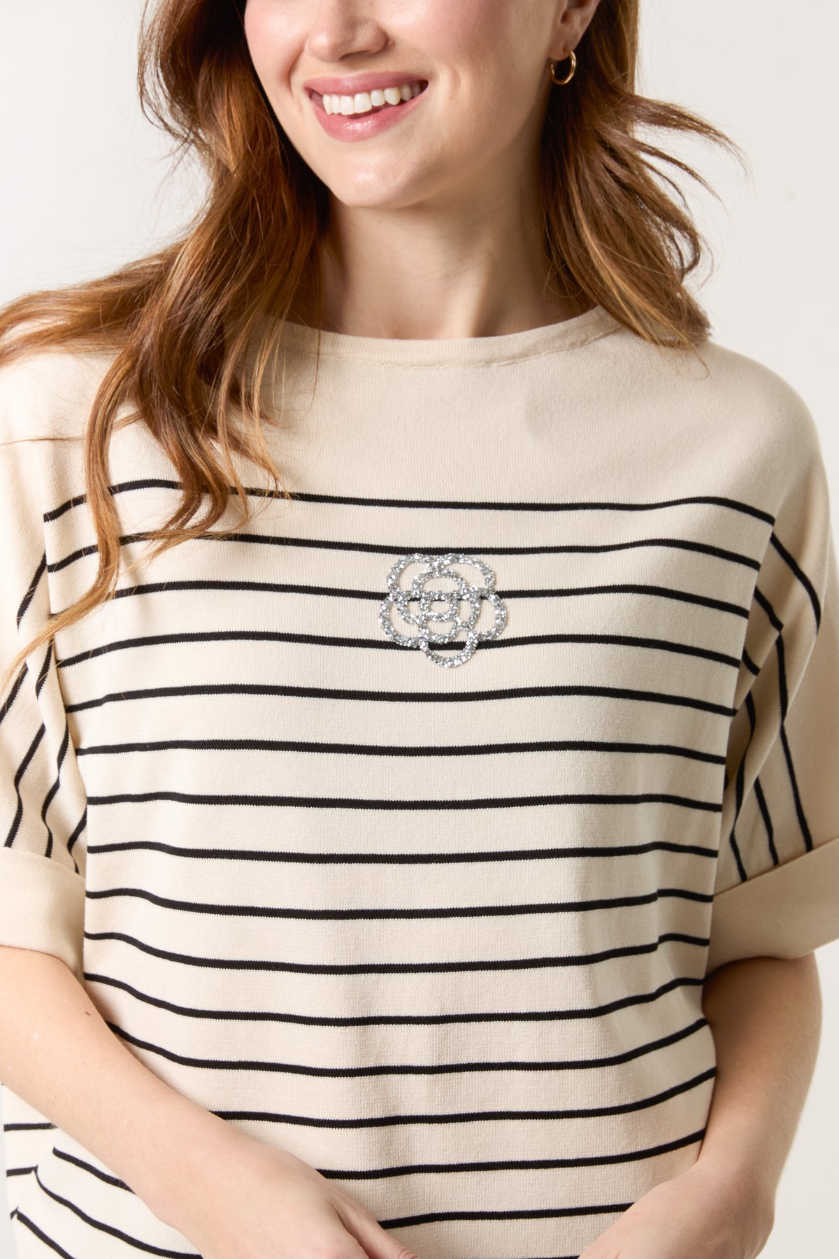 Glitter Flower Horizontal Striped Top