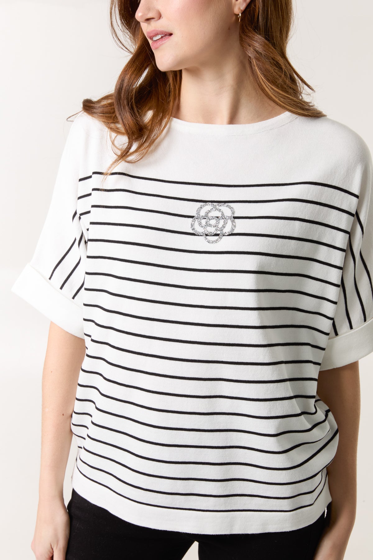 Glitter Flower Horizontal Striped Top