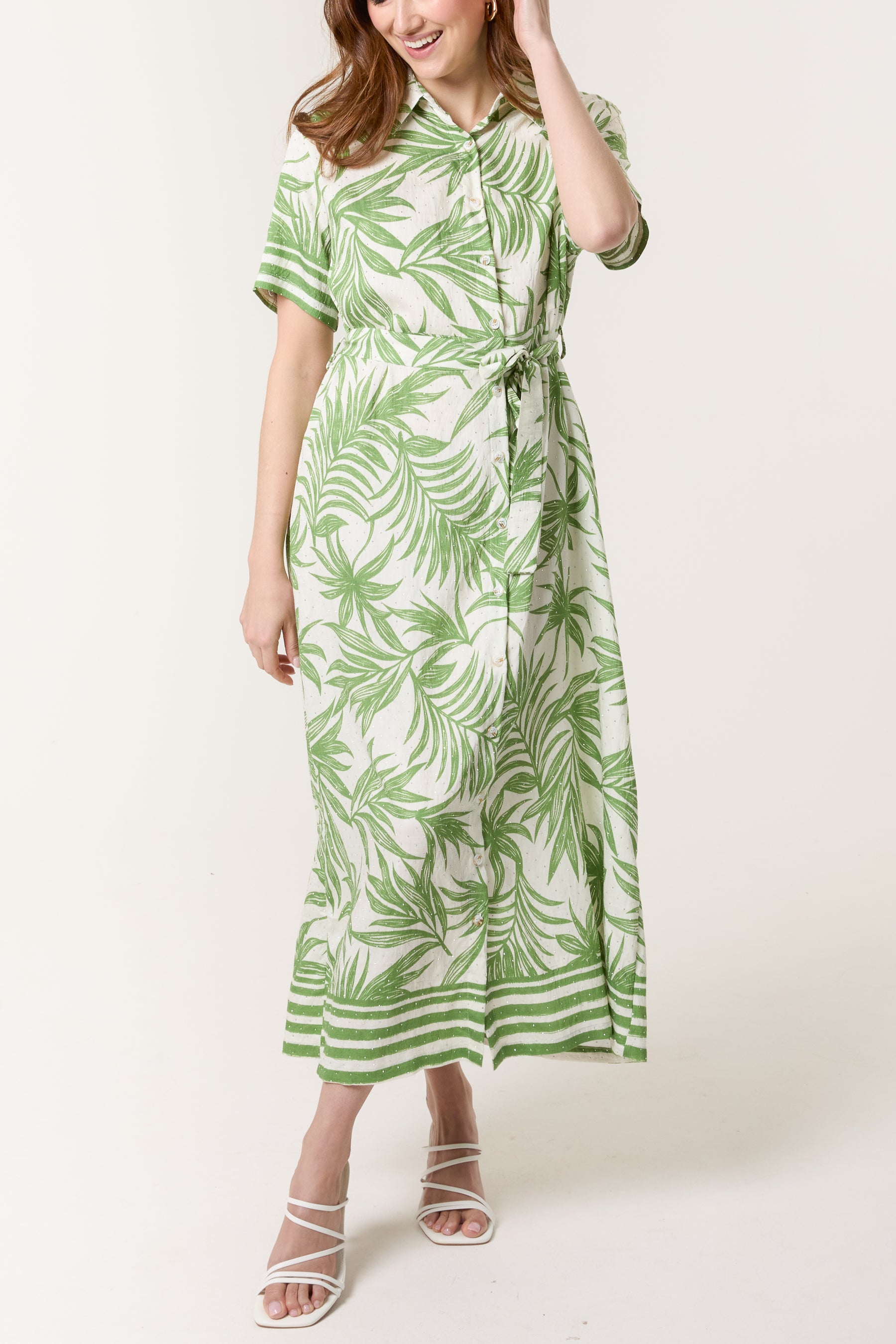 Tropical Leaf Print Button-Through & Belt Dress