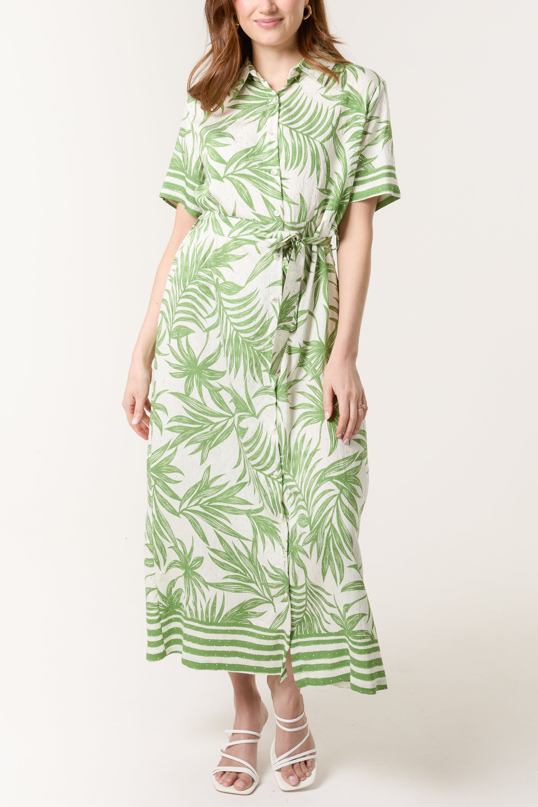 Tropical Leaf Print Button-Through & Belt Dress