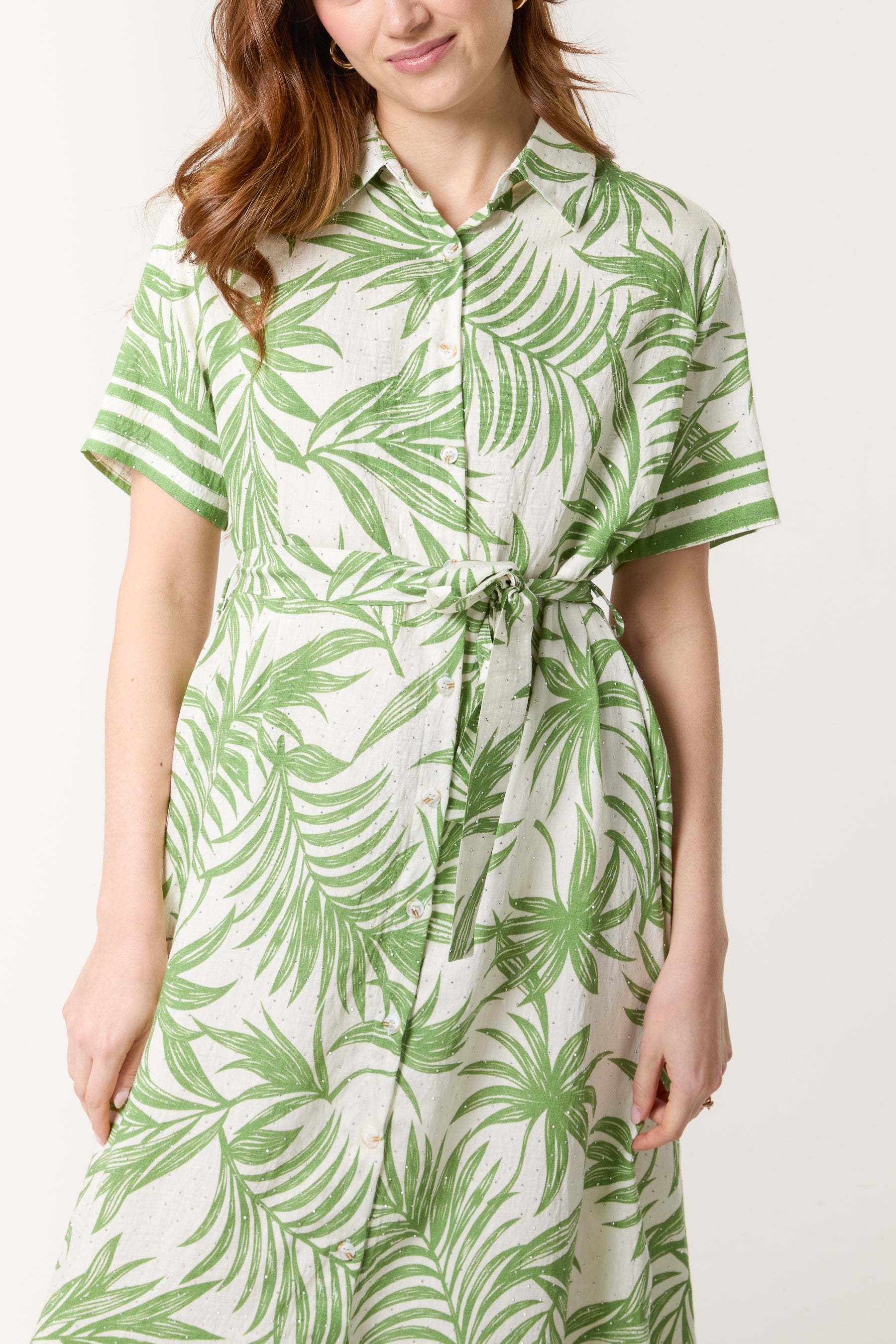 Tropical Leaf Print Button-Through & Belt Dress