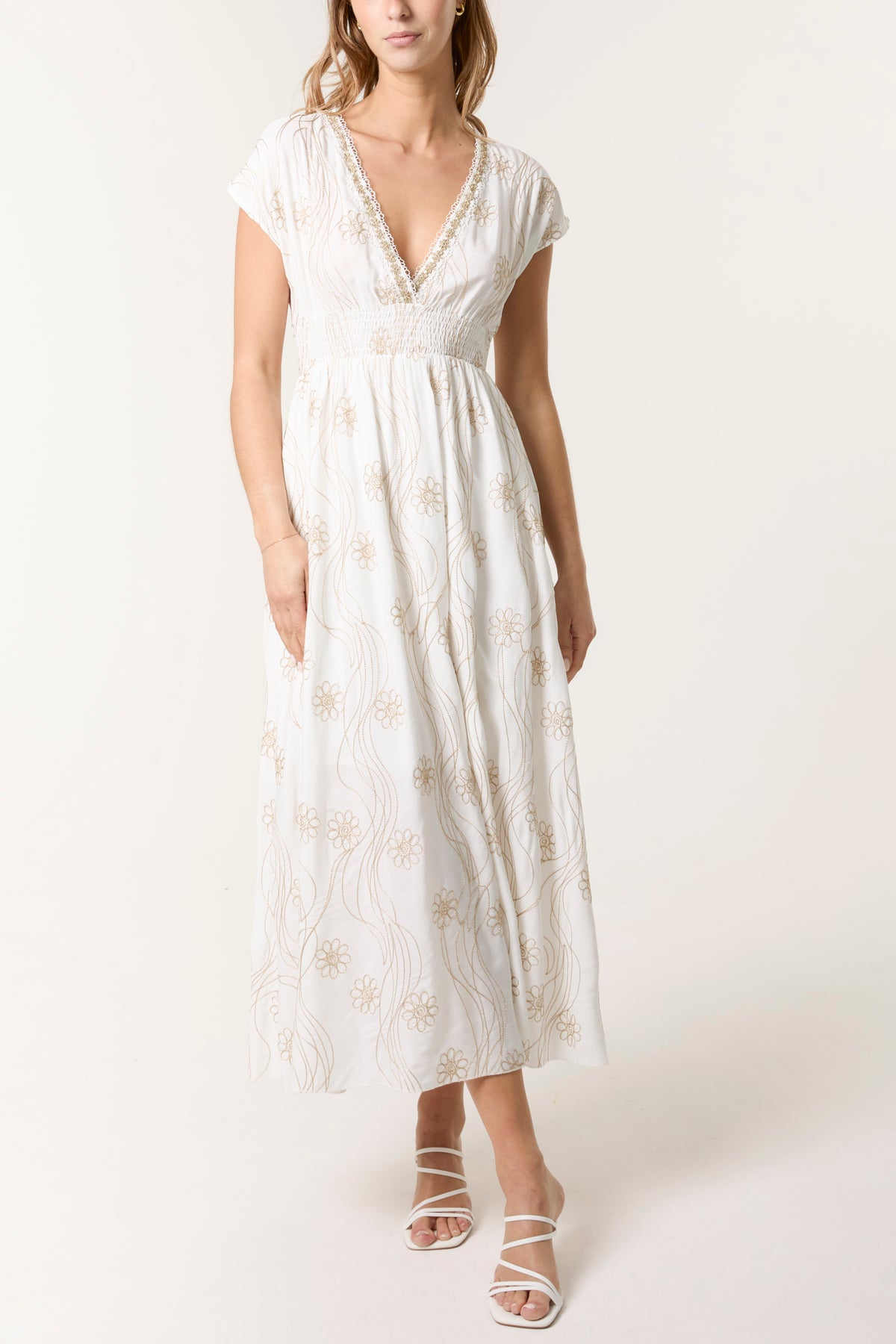 Floral Embroidery Shirred V-Neck Dress