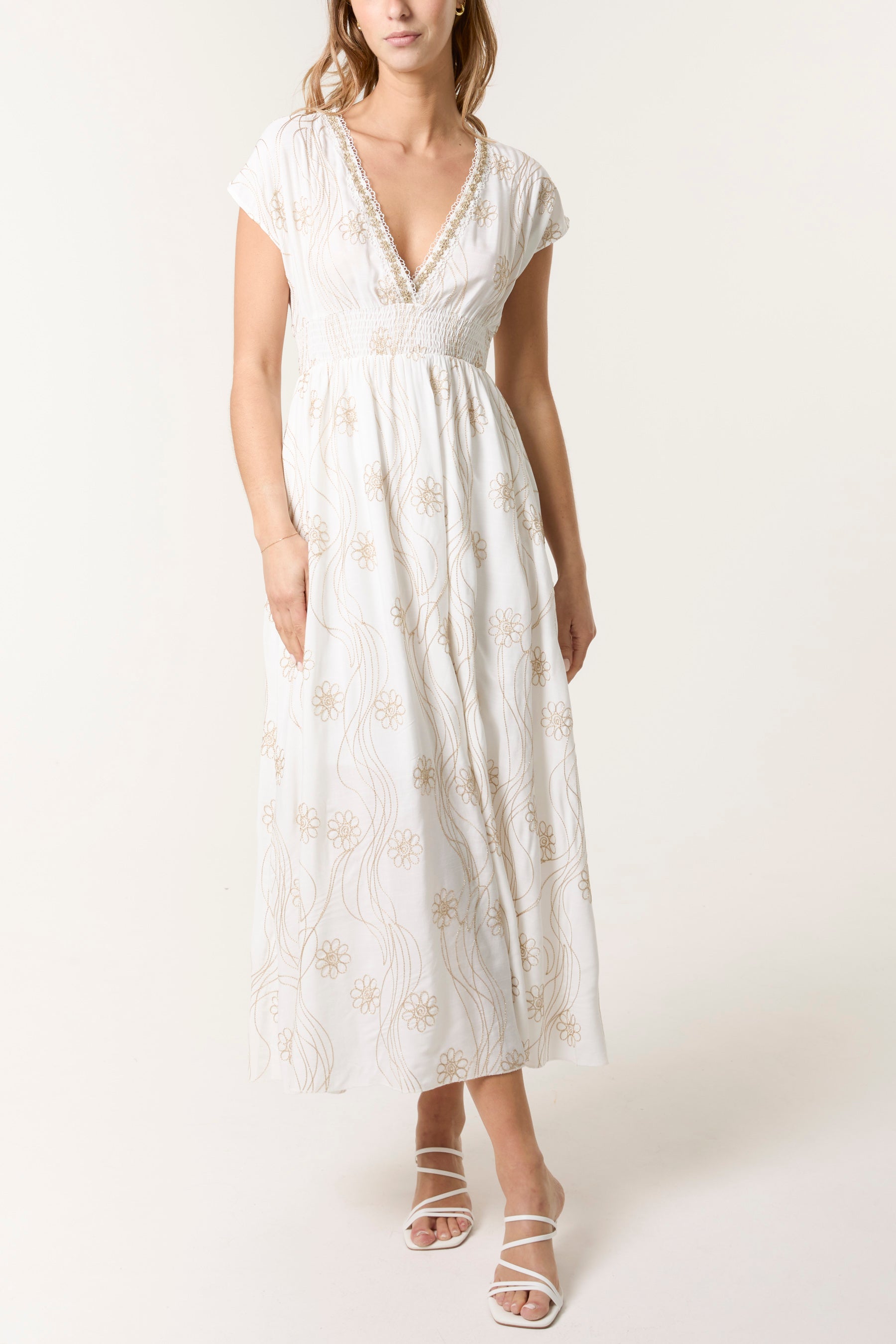 Floral Embroidery Shirred V-Neck Dress