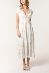 Floral Embroidery Shirred V-Neck Dress