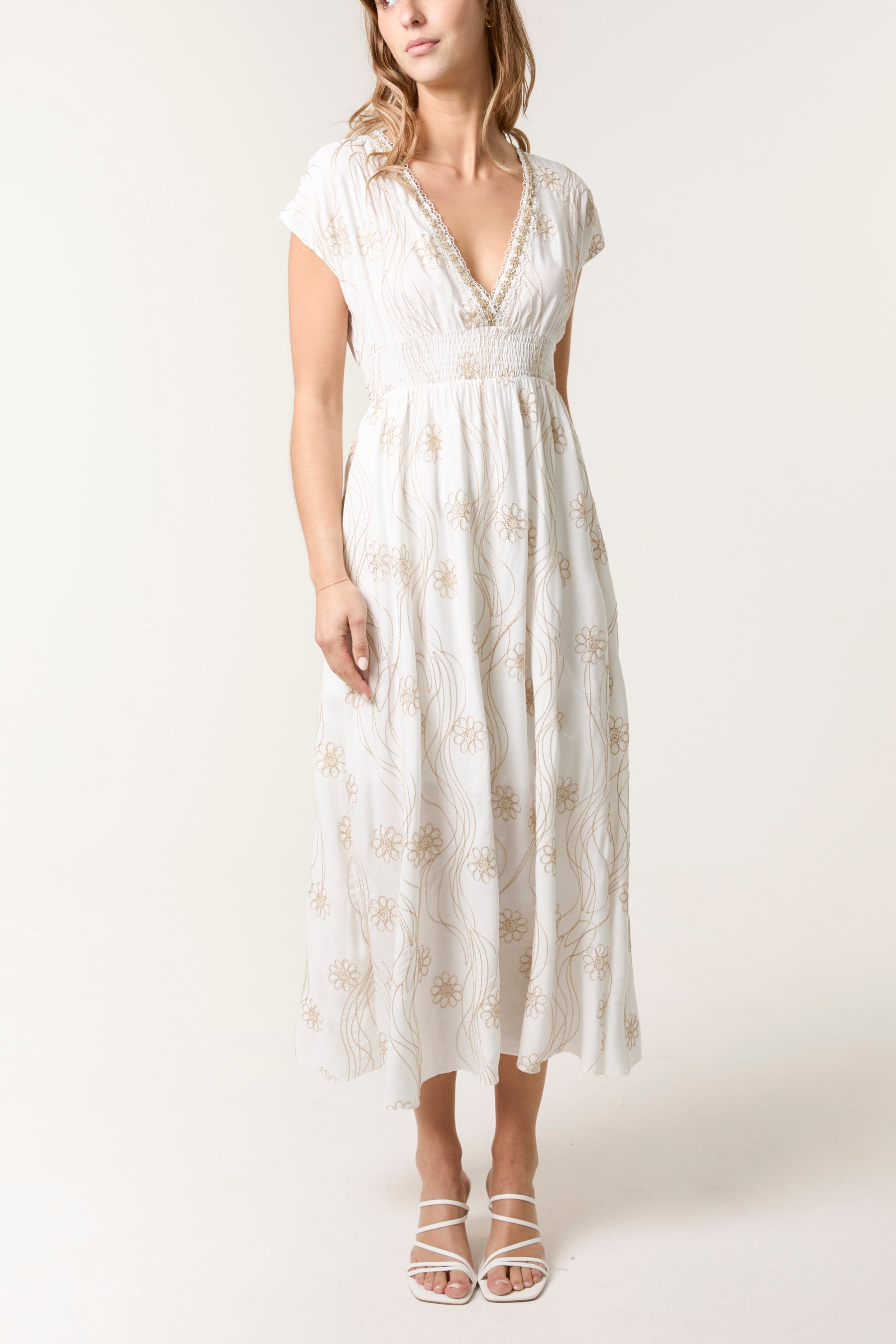 Floral Embroidery Shirred V-Neck Dress