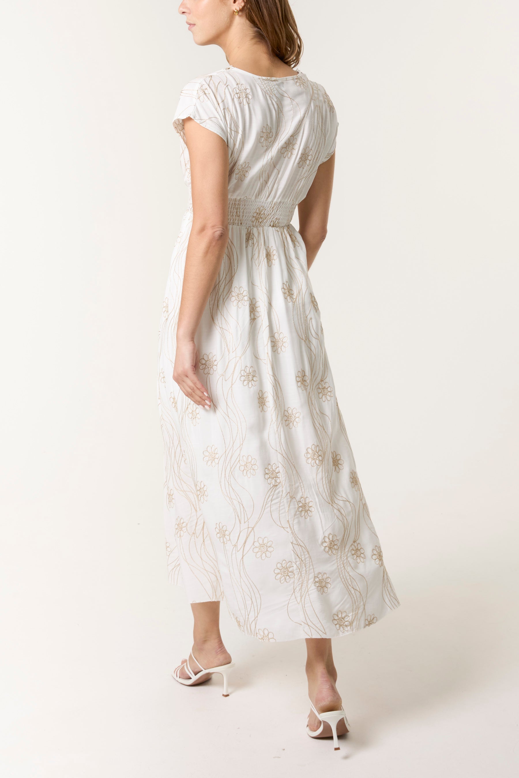 Floral Embroidery Shirred V-Neck Dress