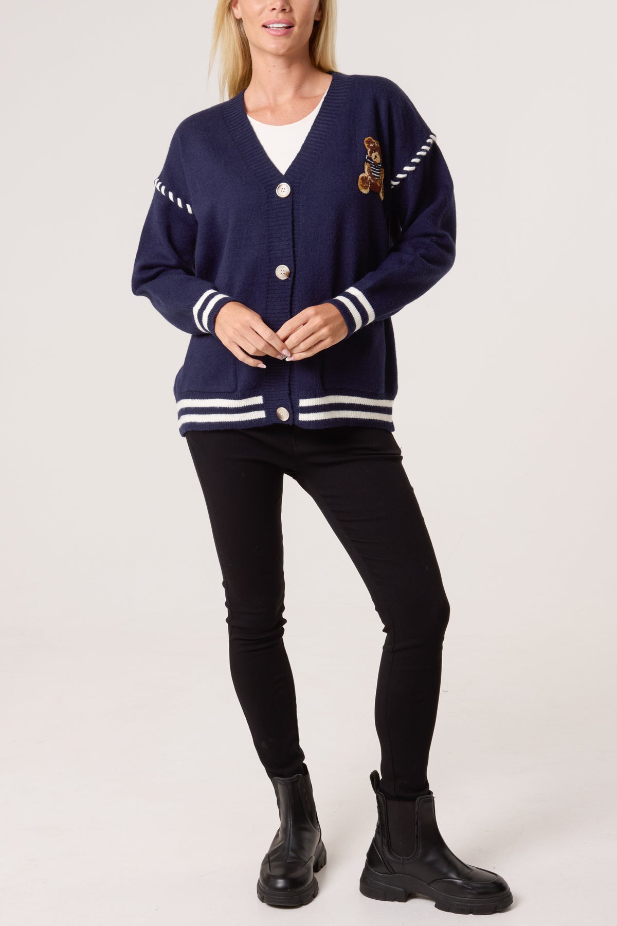 Embroidered Striped Bear Varsity Cardigan