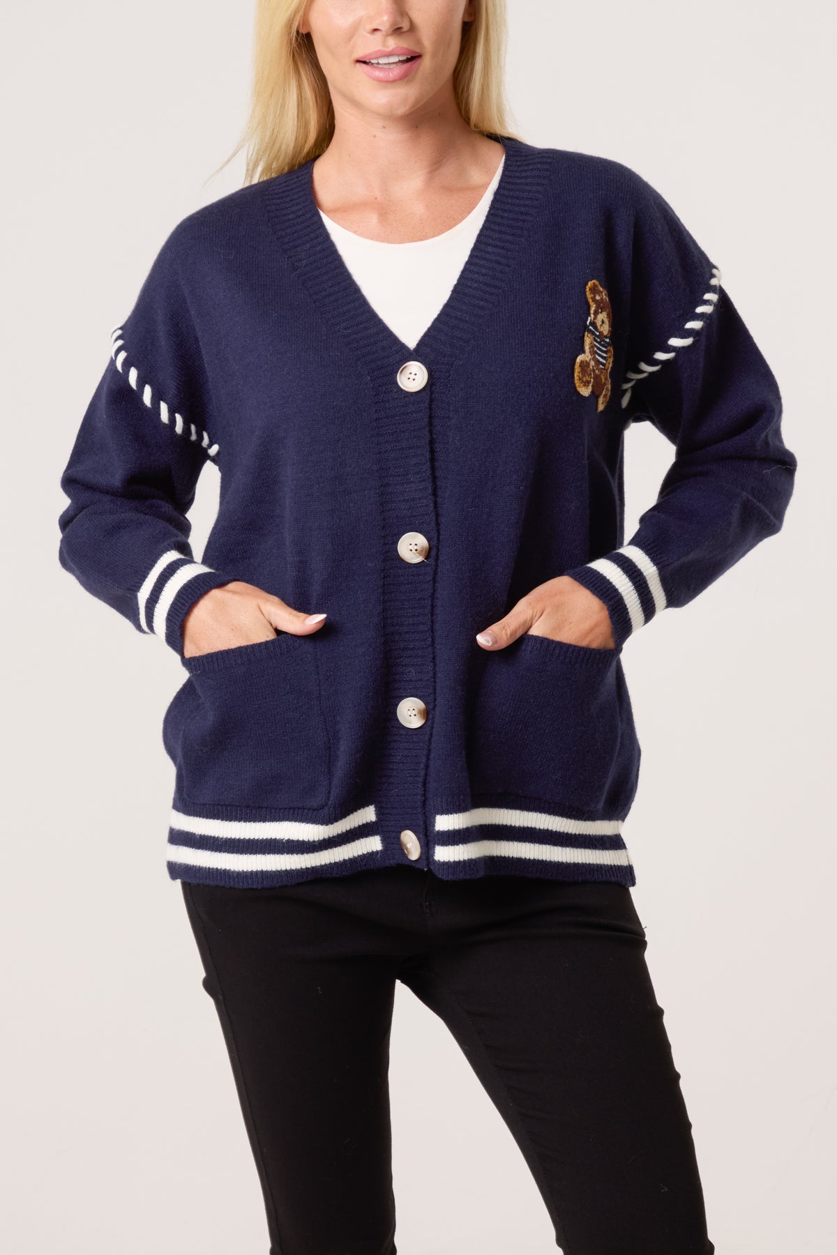 Embroidered Striped Bear Varsity Cardigan
