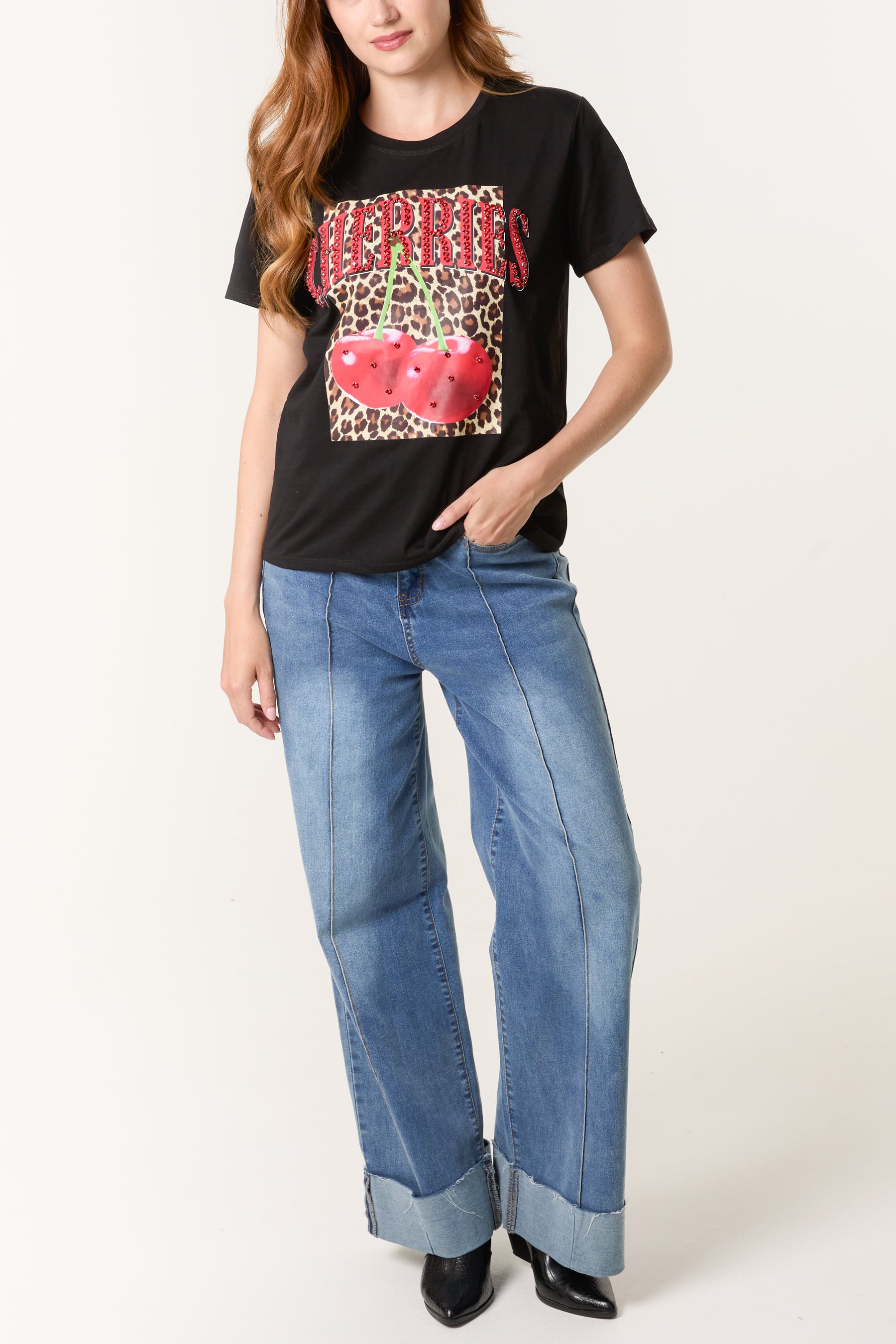 'Cherries' Embellished Leopard Print T-Shirt