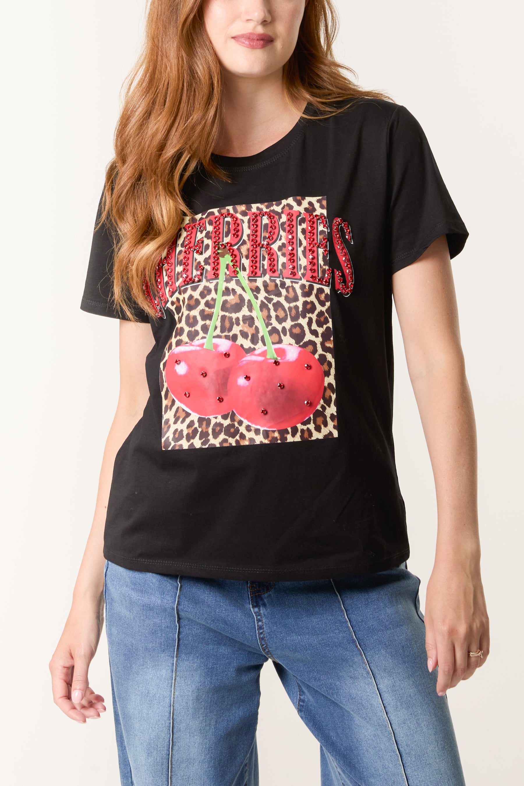 'Cherries' Embellished Leopard Print T-Shirt