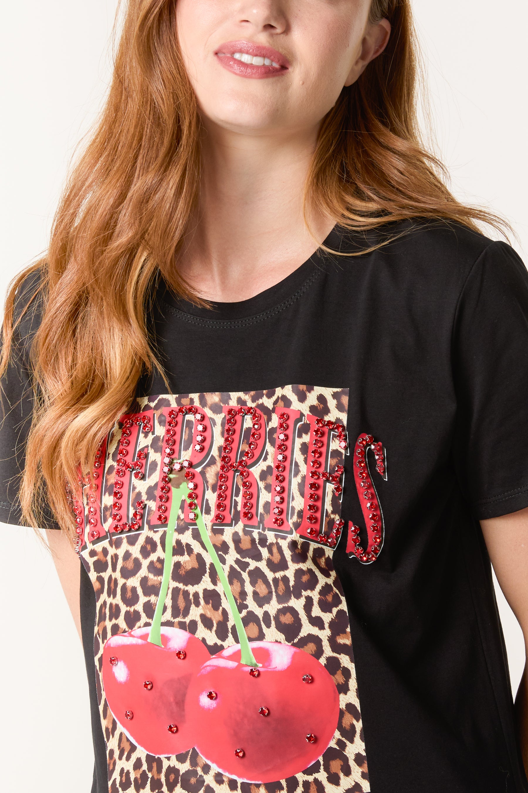 'Cherries' Embellished Leopard Print T-Shirt