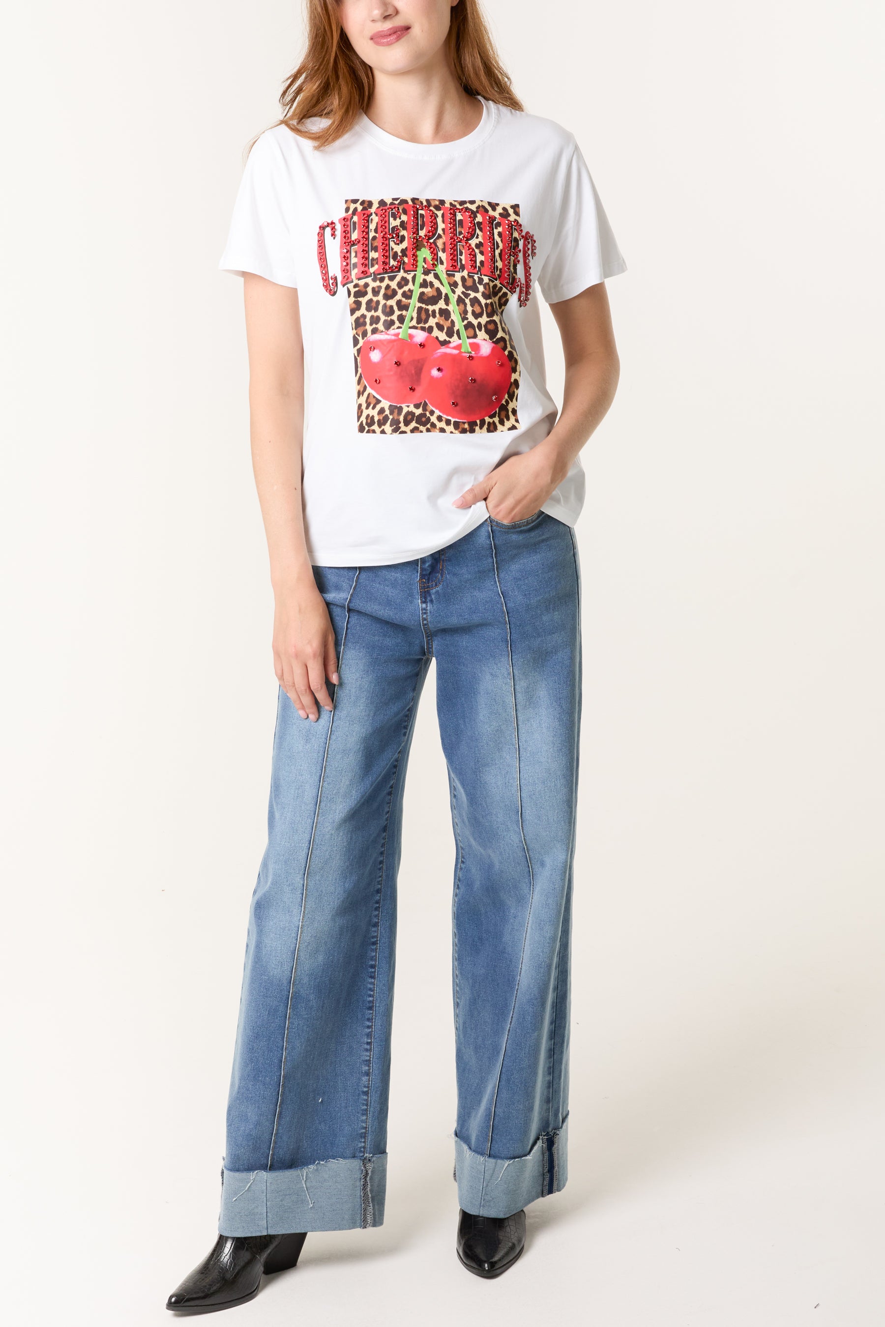 'Cherries' Embellished Leopard Print T-Shirt