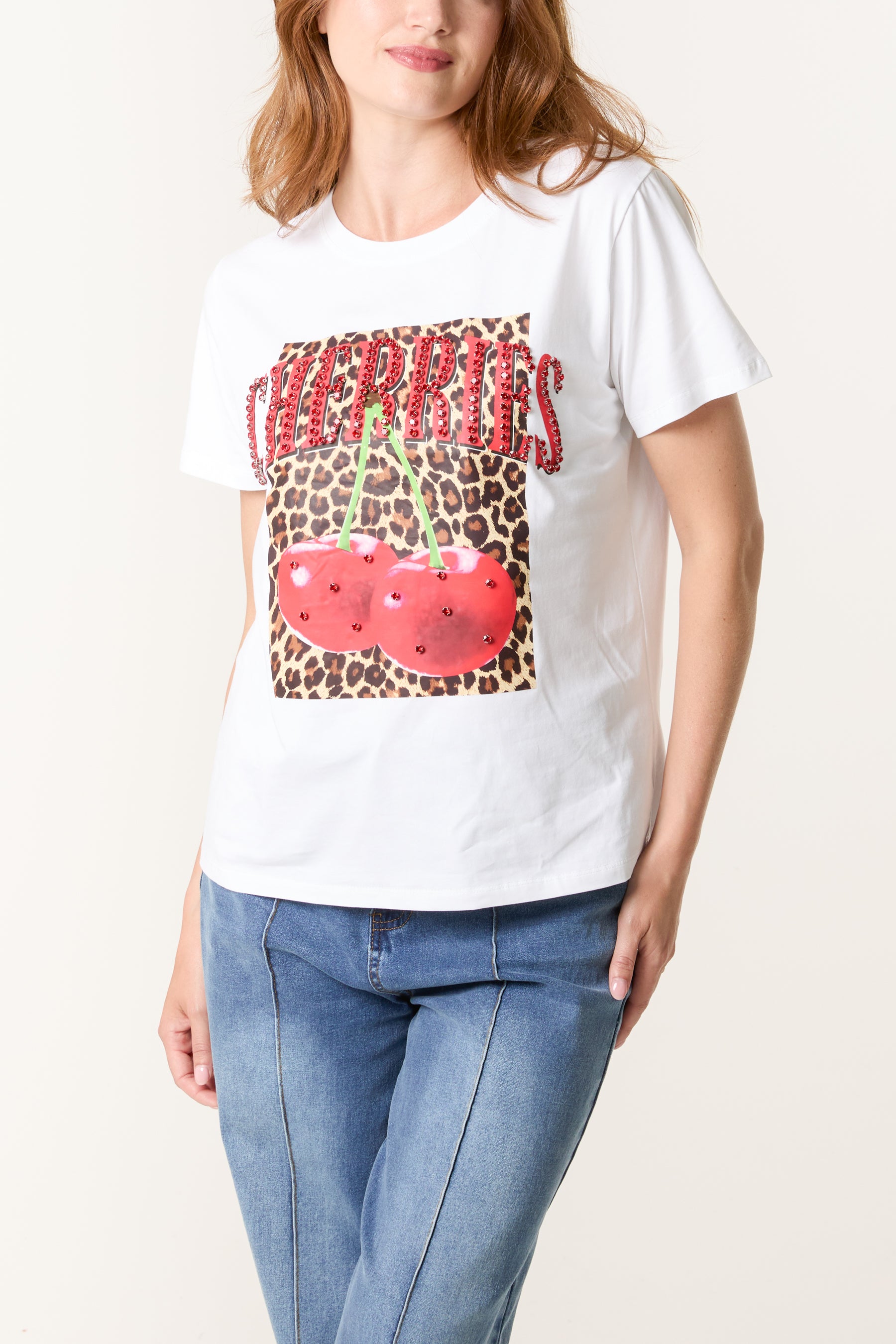 'Cherries' Embellished Leopard Print T-Shirt