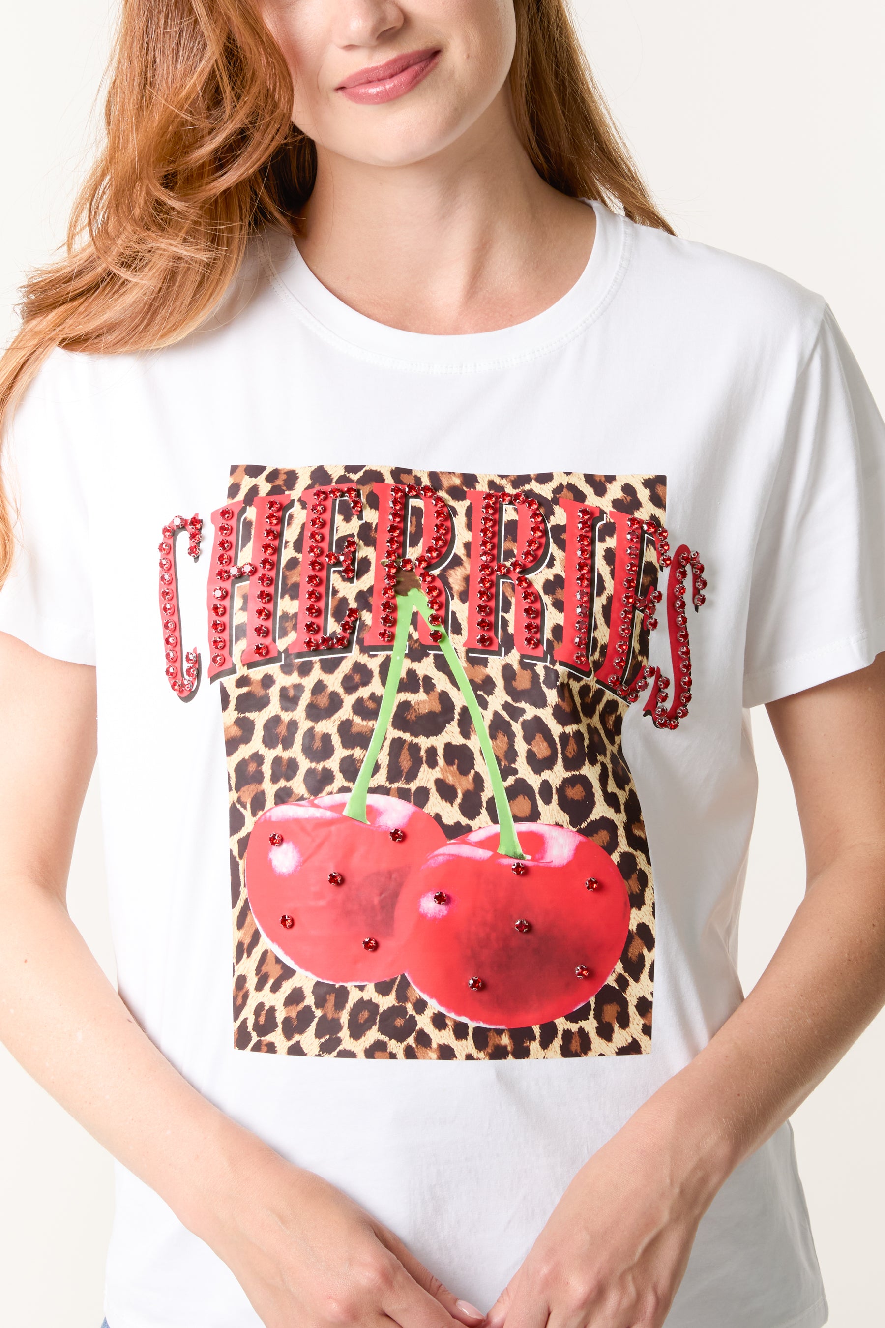 'Cherries' Embellished Leopard Print T-Shirt