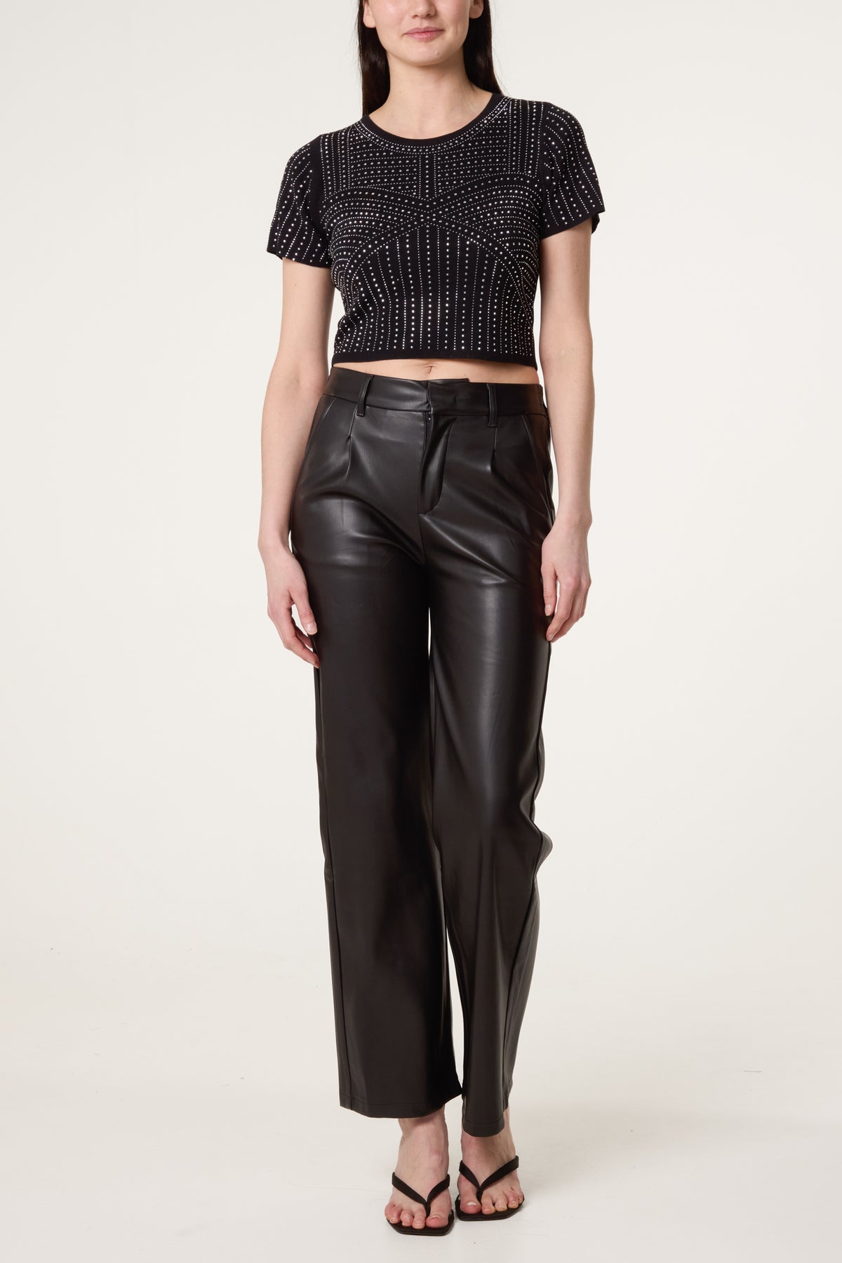 Diamante Round Neck Cropped Fine Guage Jumper