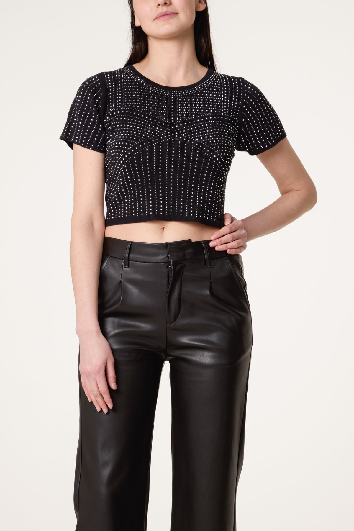 Diamante Round Neck Cropped Fine Guage Jumper