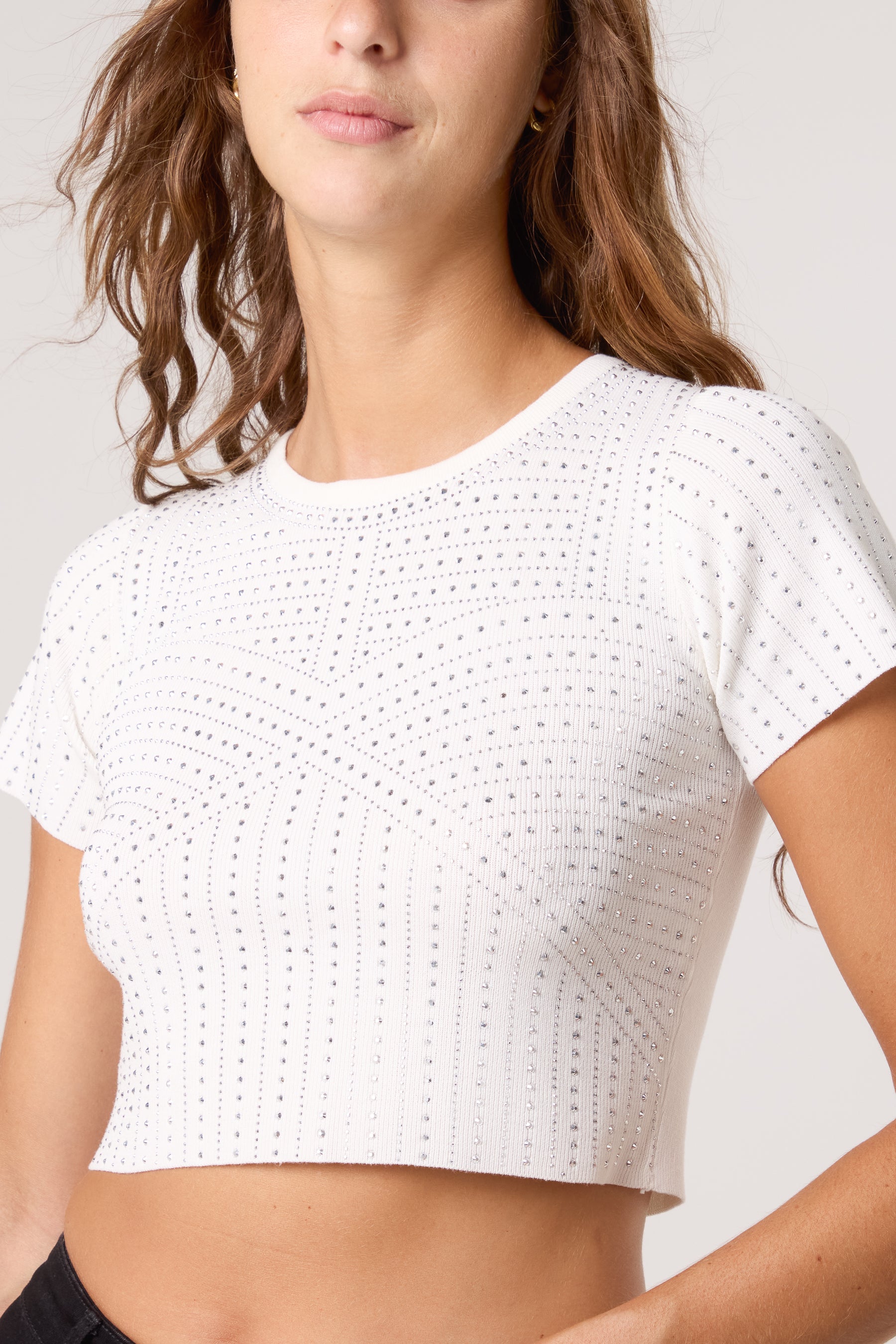 Diamante Round Neck Cropped Fine Guage Jumper