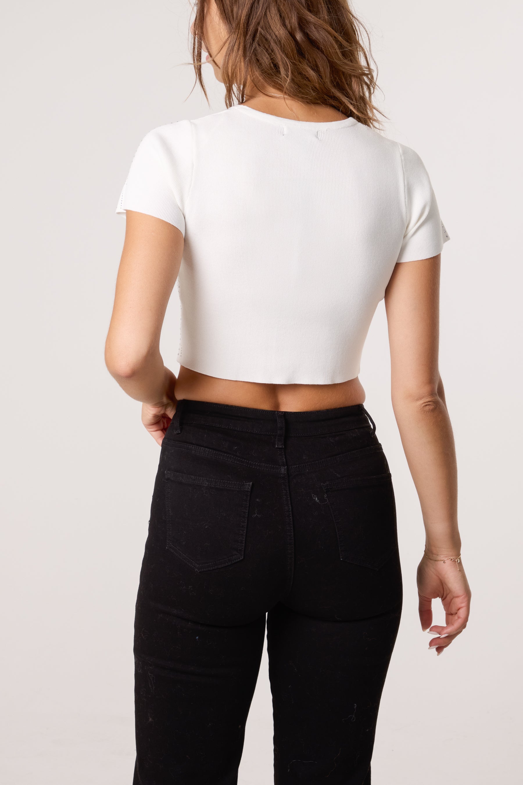 Diamante Round Neck Cropped Fine Guage Jumper