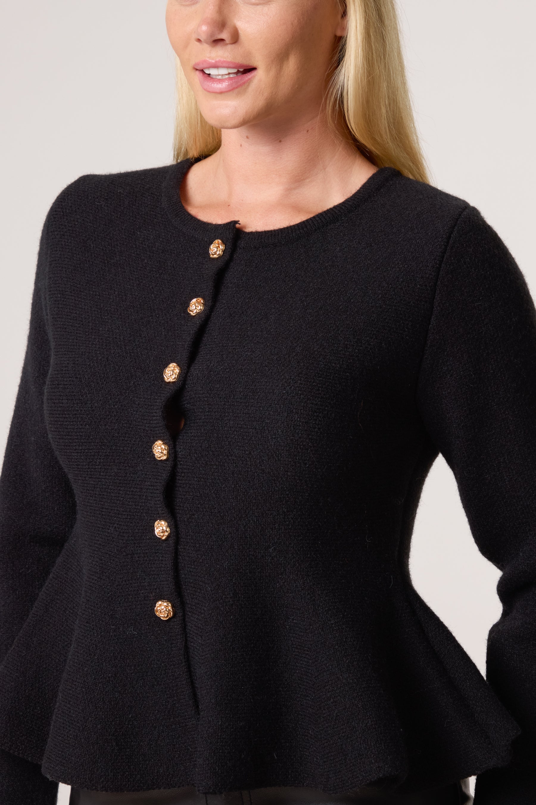 Gold Flower Button Peplum Cardigan