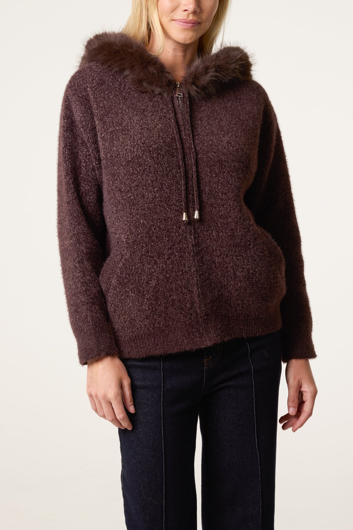 Zip Up Fur Trim Chenille Hairy Hoodie