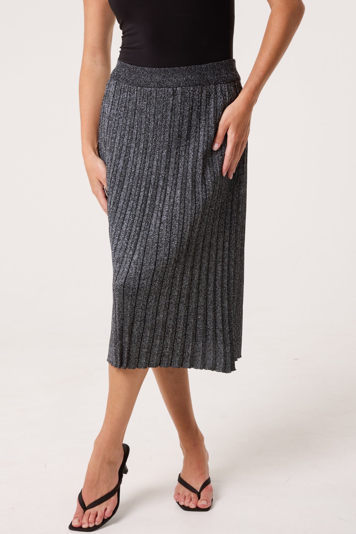 Pleated Lurex Knit Midi Skirt