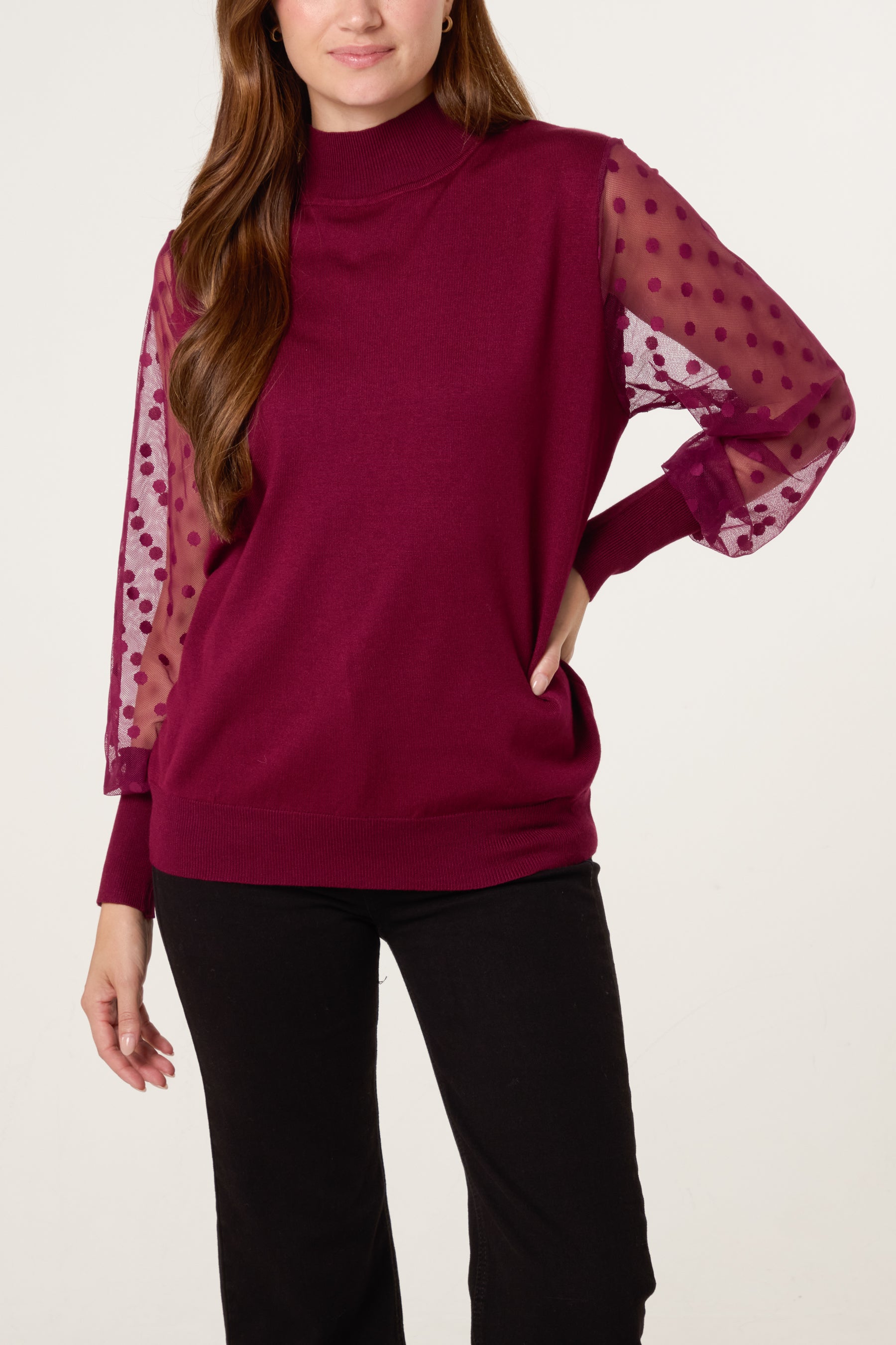 Polka Dot Mesh Sleeve High Neck Jumper1