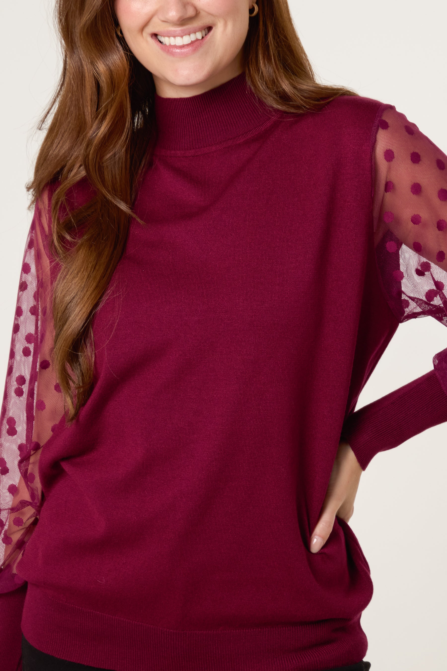 Polka Dot Mesh Sleeve High Neck Jumper