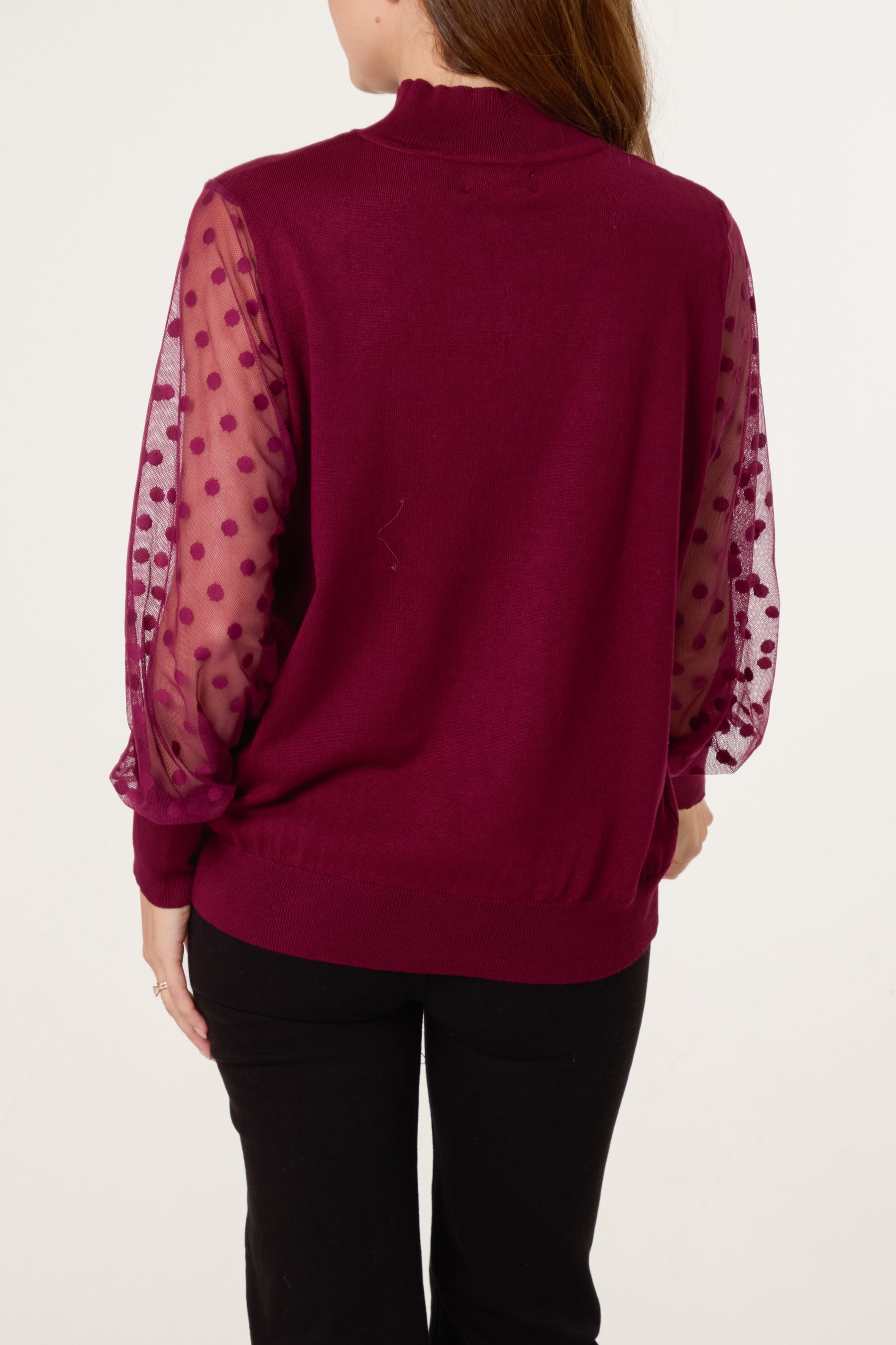 Polka Dot Mesh Sleeve High Neck Jumper
