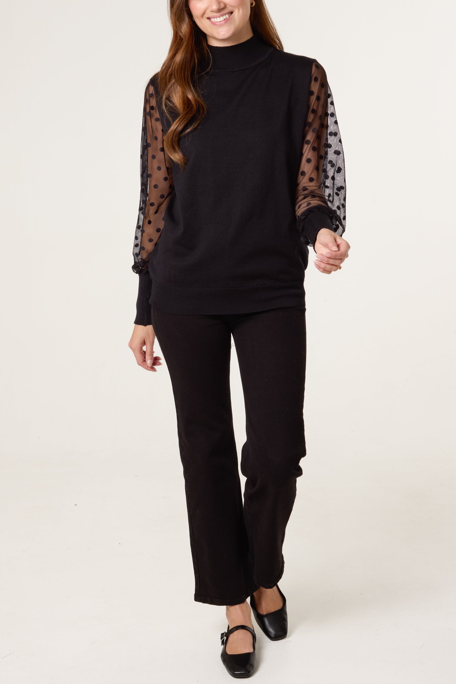 Polka Dot Mesh Sleeve High Neck Jumper