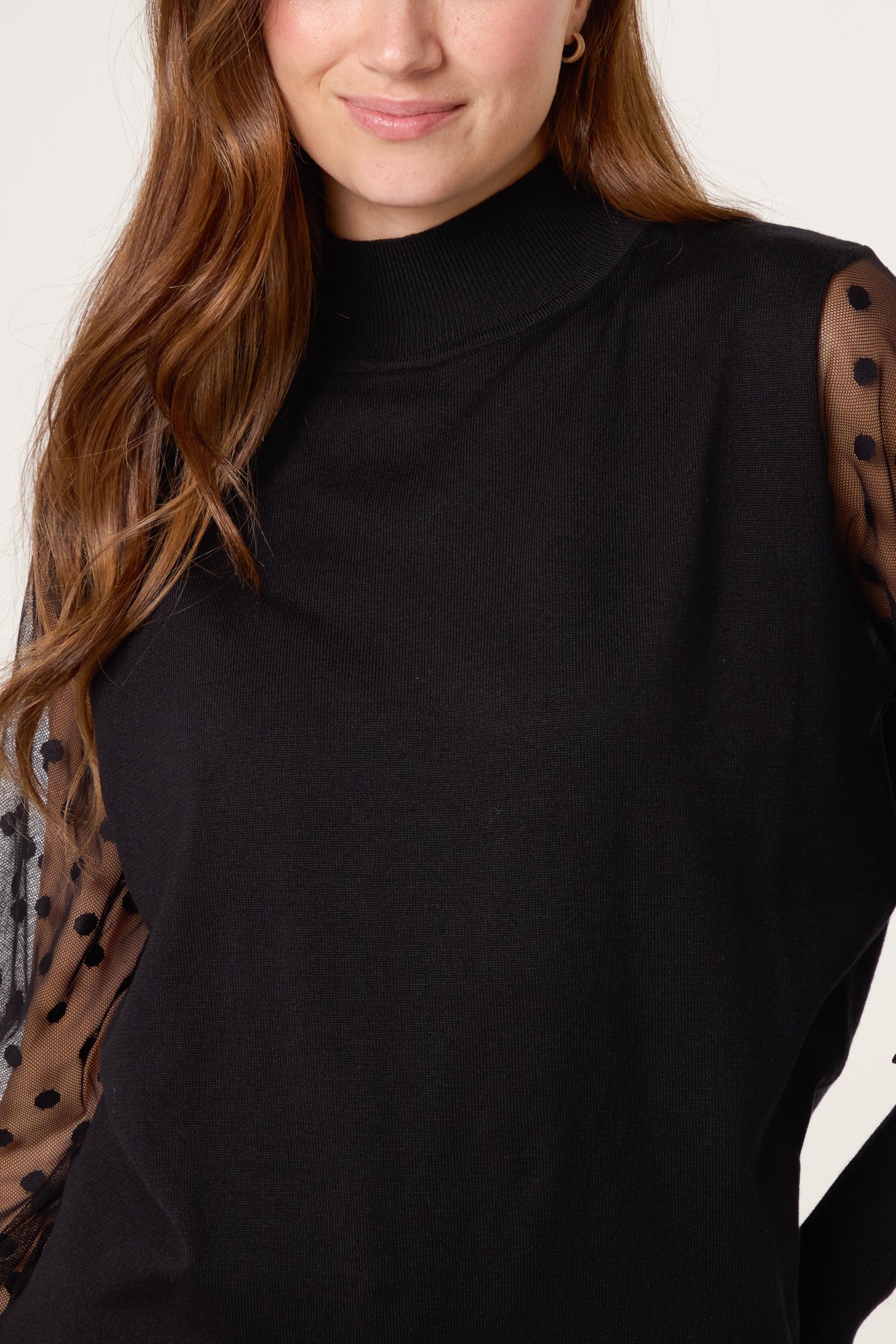 Polka Dot Mesh Sleeve High Neck Jumper