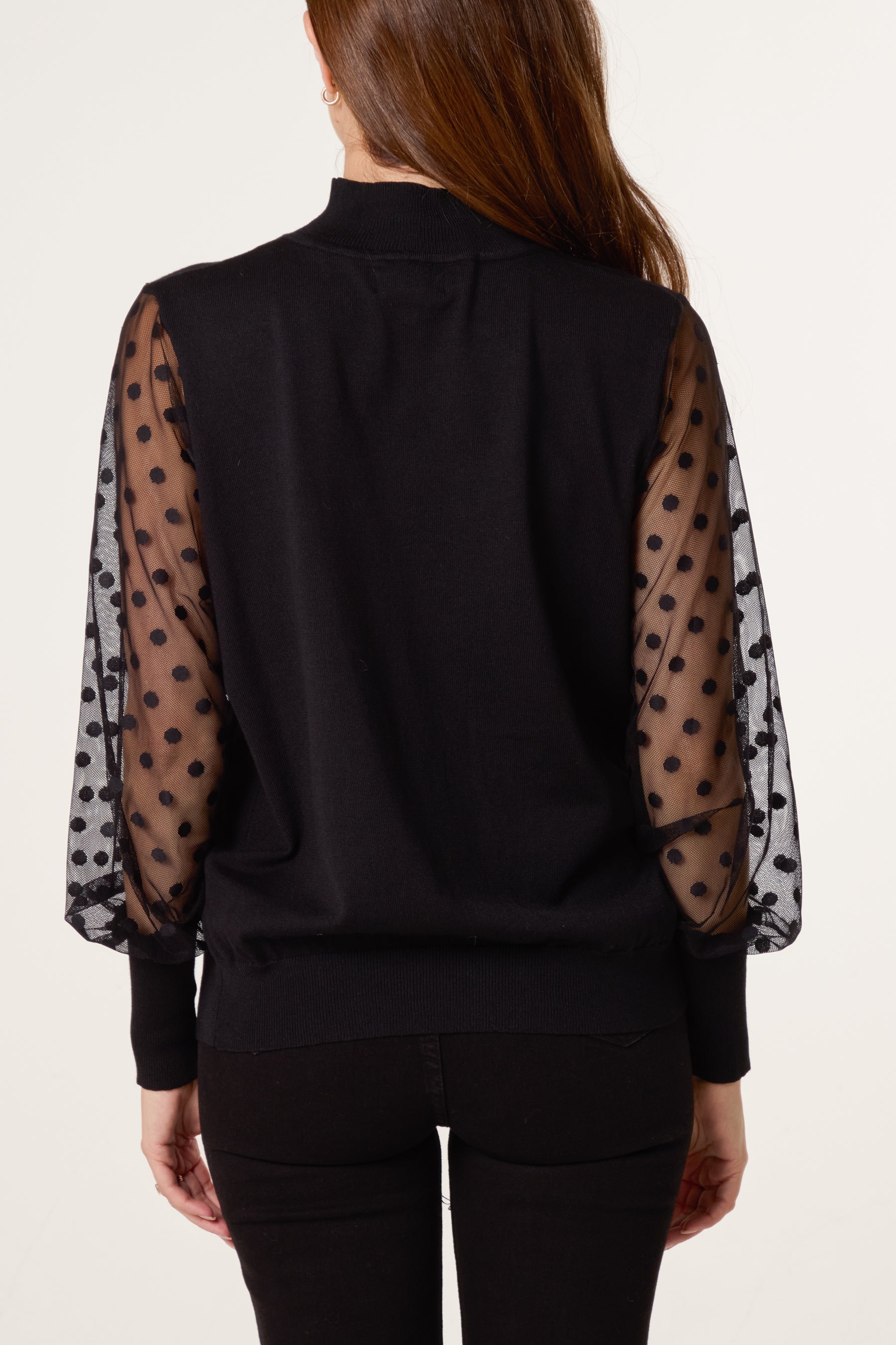 Polka Dot Mesh Sleeve High Neck Jumper