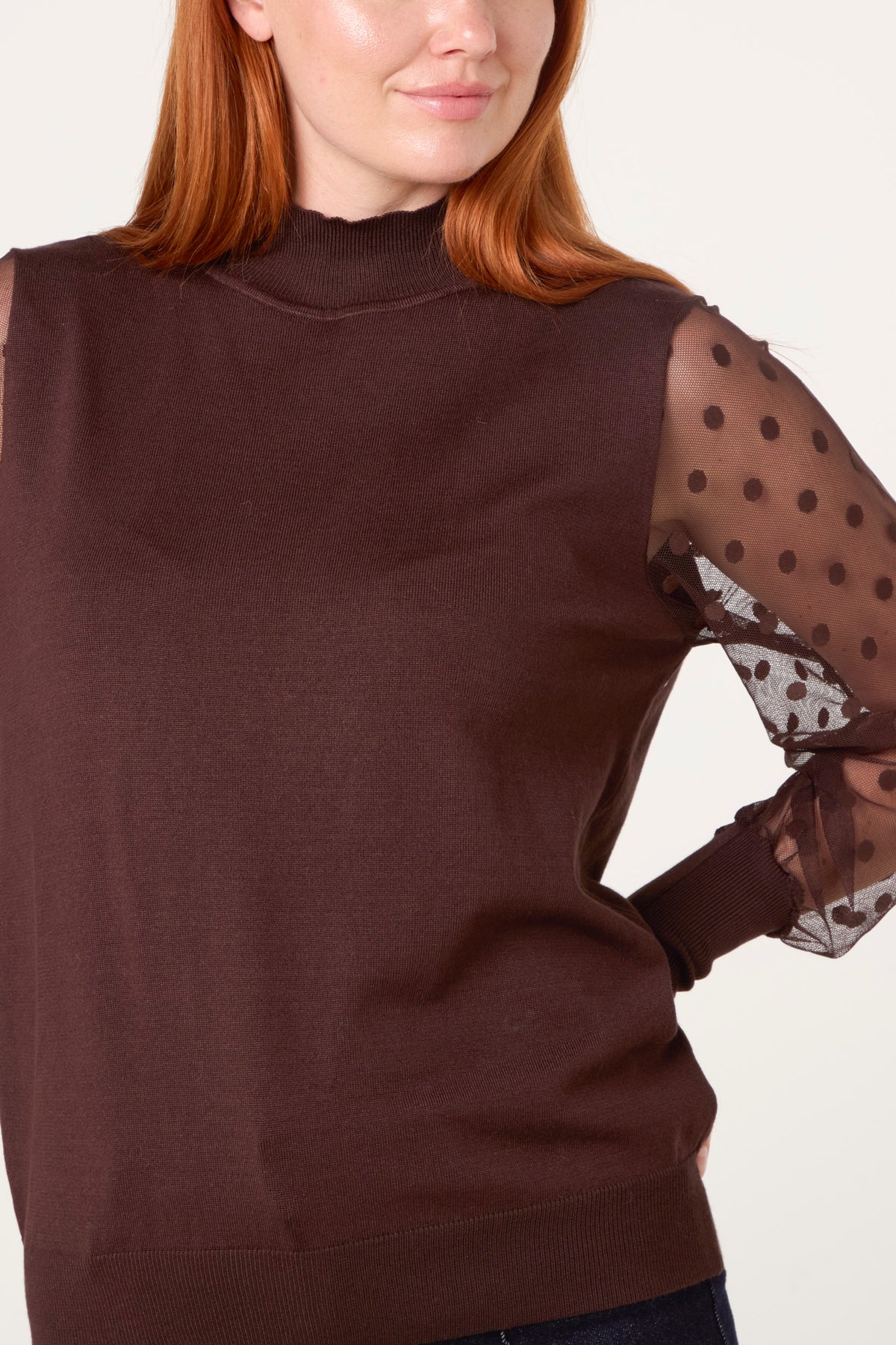 Polka Dot Mesh Sleeve High Neck Jumper