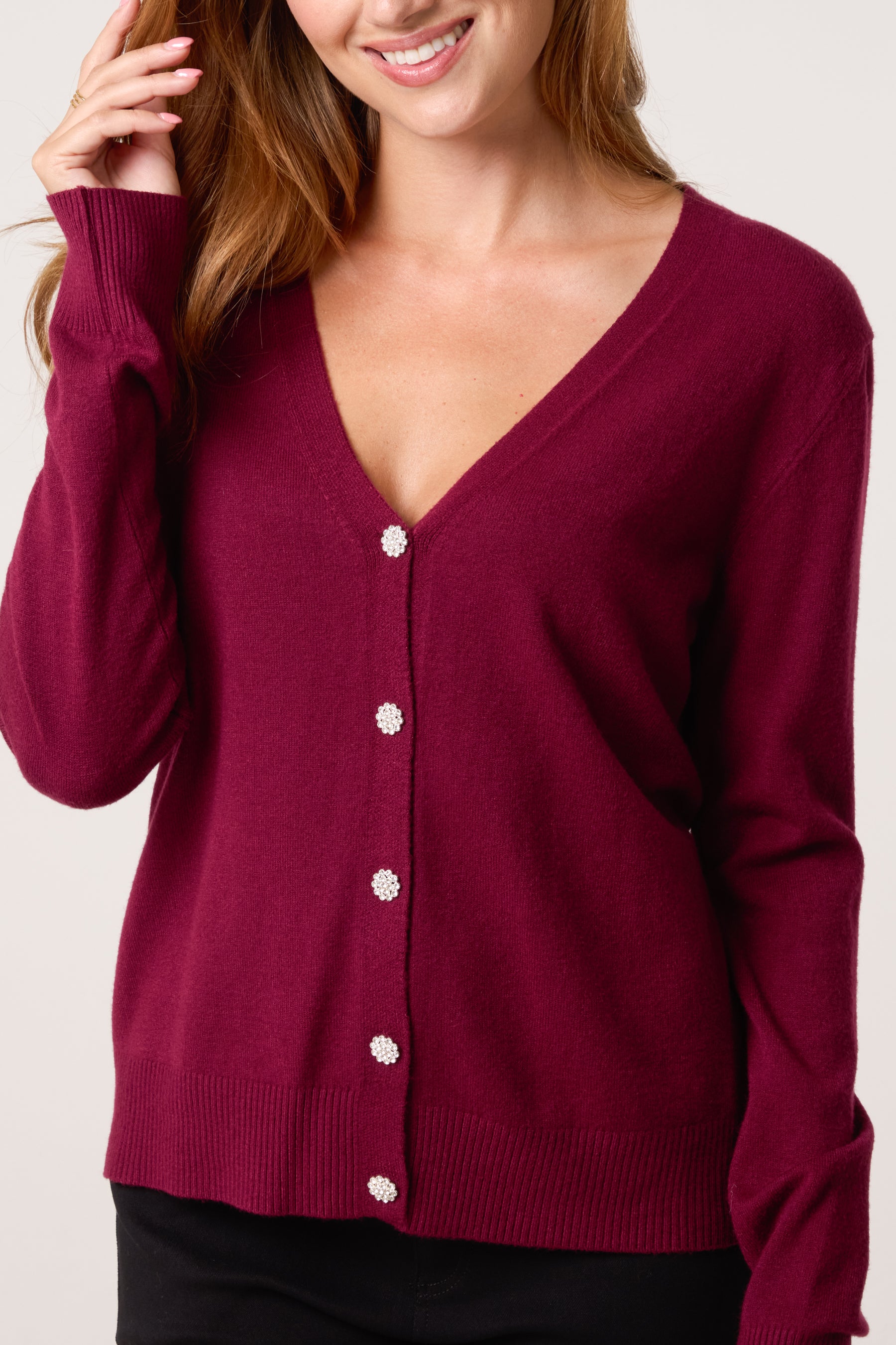V-Neck Jewelled Button Knit Cardigan