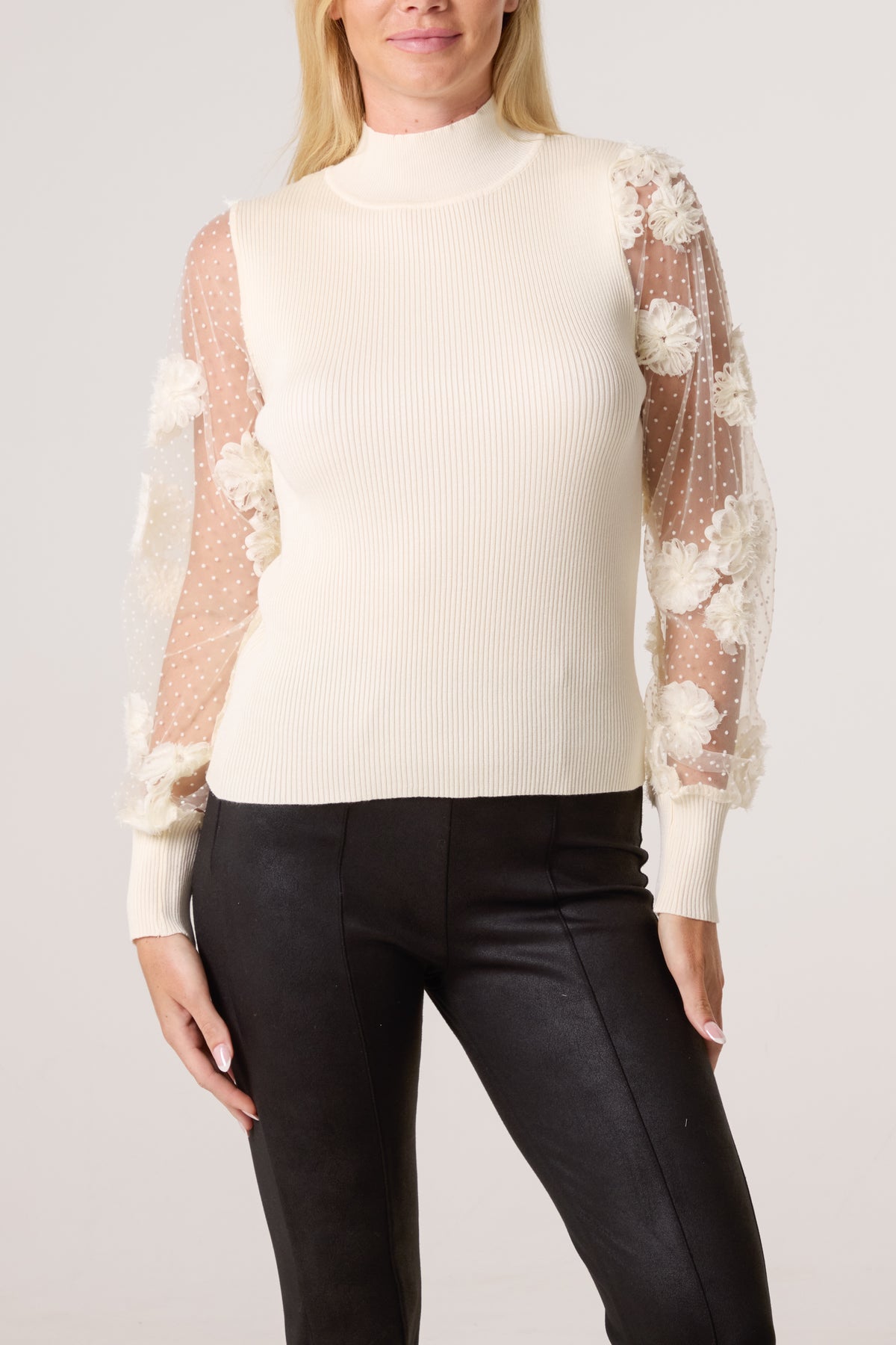 Mesh Flower Sleeve Turtle Neck Jumper