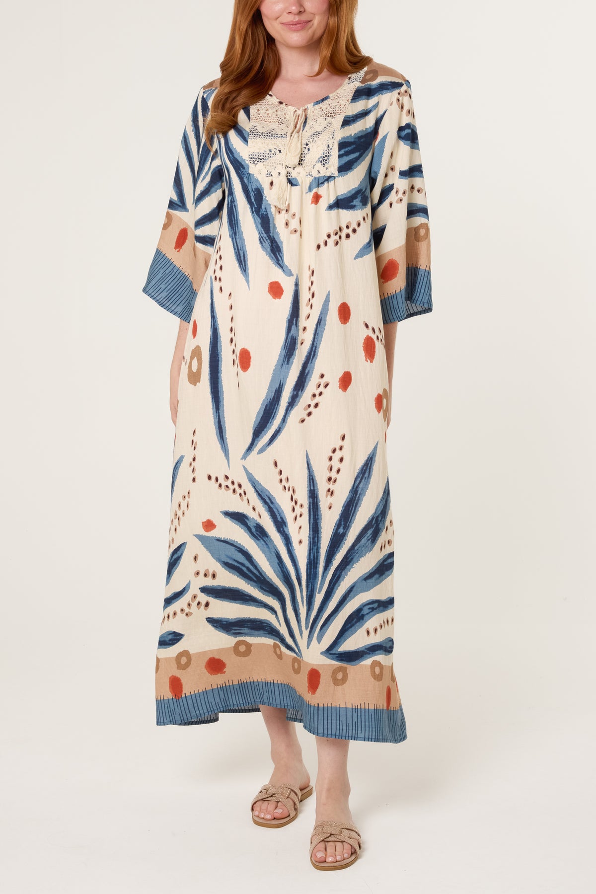 Abstract Leaf Print & Crochet Dress