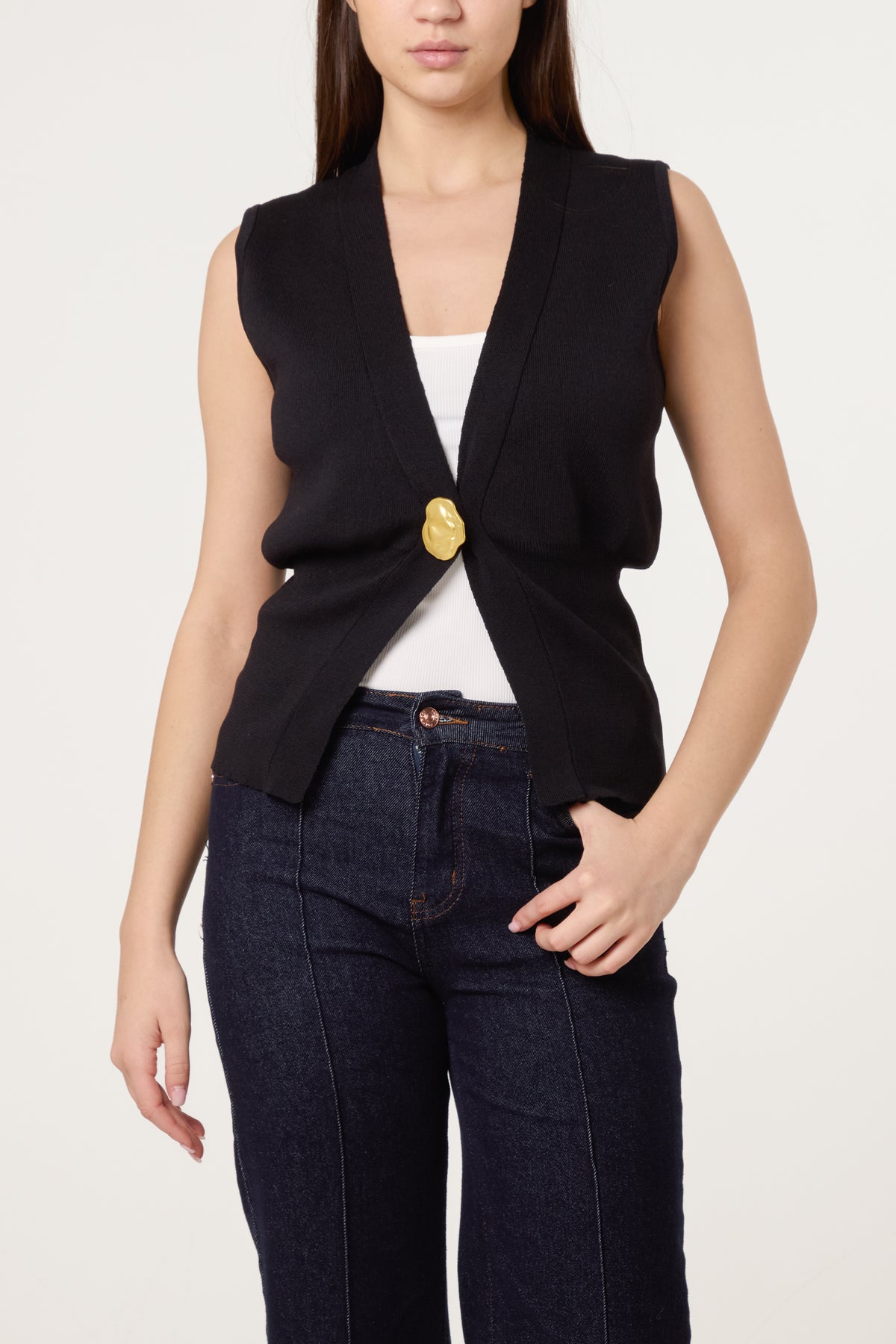 V-Shaped Gold Button Knit Vest Cardigan