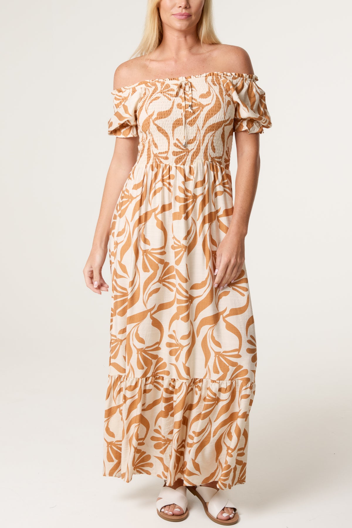 Abstract Leaf Bardot Shirred Maxi Dress