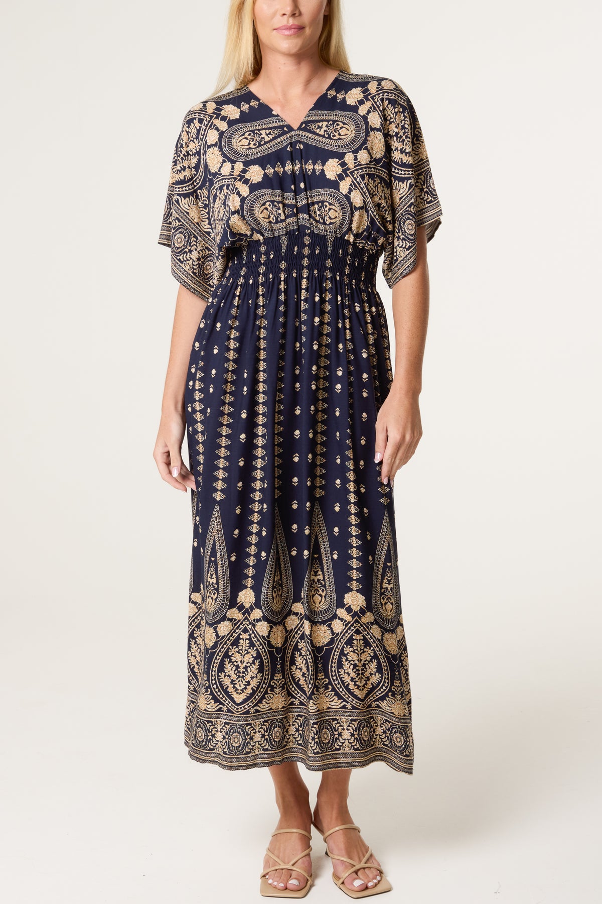 Border Print Shirred Kimono Dress