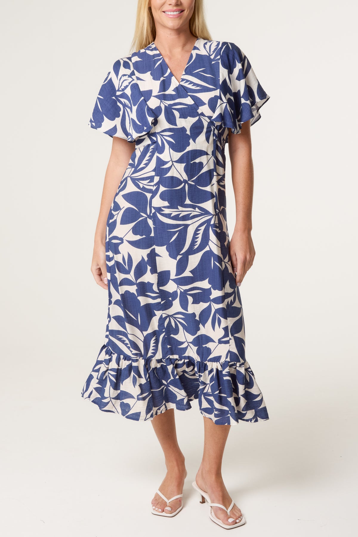 Leaf Print Wrap Front Midi Dress